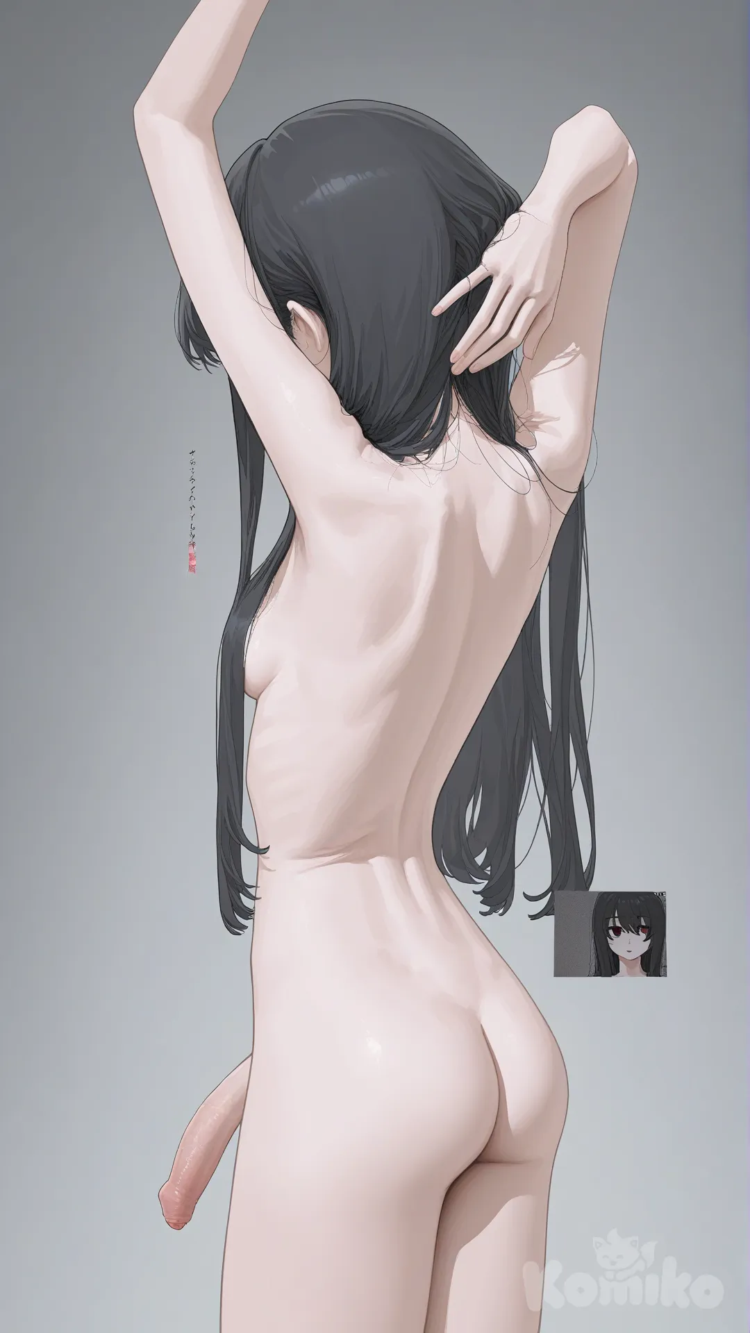 Hentai., futanari, solo, 1Futa, medium penis, an arm raised showing the armpits, multiple views, first position facing slightly to the side and the other from the back showing the rear, full body, erection, completely nude, standing, yandere, extremely thin, [vibrant-anime-style], without censorship, black hair, small breasts, evil smile, very long phimosis, long hair, in some corner on the screen, places a close-up view of her penis as if it were a zoom