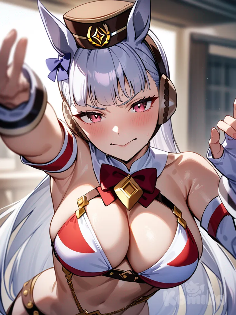 gold ship (umamusume), haciendo una jojo pose y con traje de bikini y pechos grandes