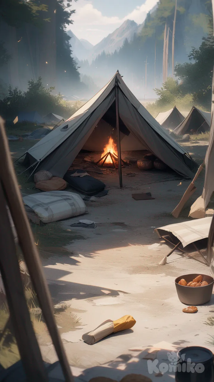 A shot of an abandoned campsite: an open tent, a fire still smoldering, and food items left behind as if people had suddenly disappeared. The camera slowly pans around, revealing the chaos.