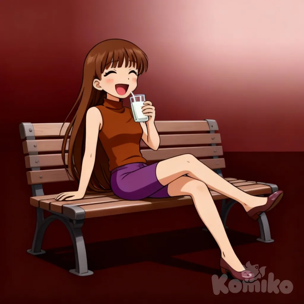 chica anime de cabello castaño de melena flequillo y sonrisa boca abierta alegre bebiendo leche de playera con cuello sin mangas marron, shorts violeta con calzado femenino elegante de punta, empalme redondo y taco bajo sentada con la pierna derecha cruzada en una banca de un parque