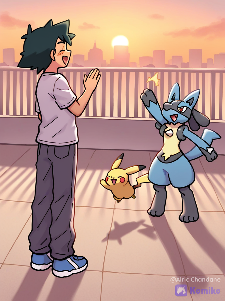 [pokemon-style], 1boy, @Ash_Ketchum, @Pikachu, @Lucario, jumping from rooftop, high five, laughing, medium long shot, balcony, twilight