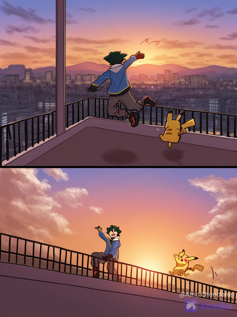 [pokemon-style], 1boy, @Ash_Ketchum, @Pikachu, @Lucario, jumping from rooftop, high five, laughing, medium long shot, balcony, twilight