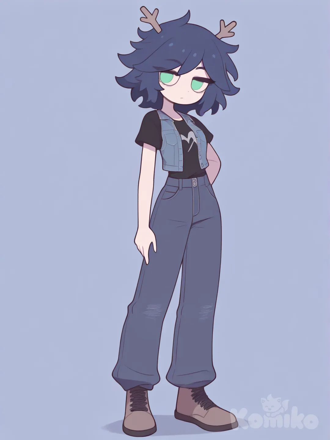 ] baggy jeans, brown boots, short scruffy navy blue hair, small antlers, Jean vest, black t shirt under the vest [pop-toon-style] green eyes