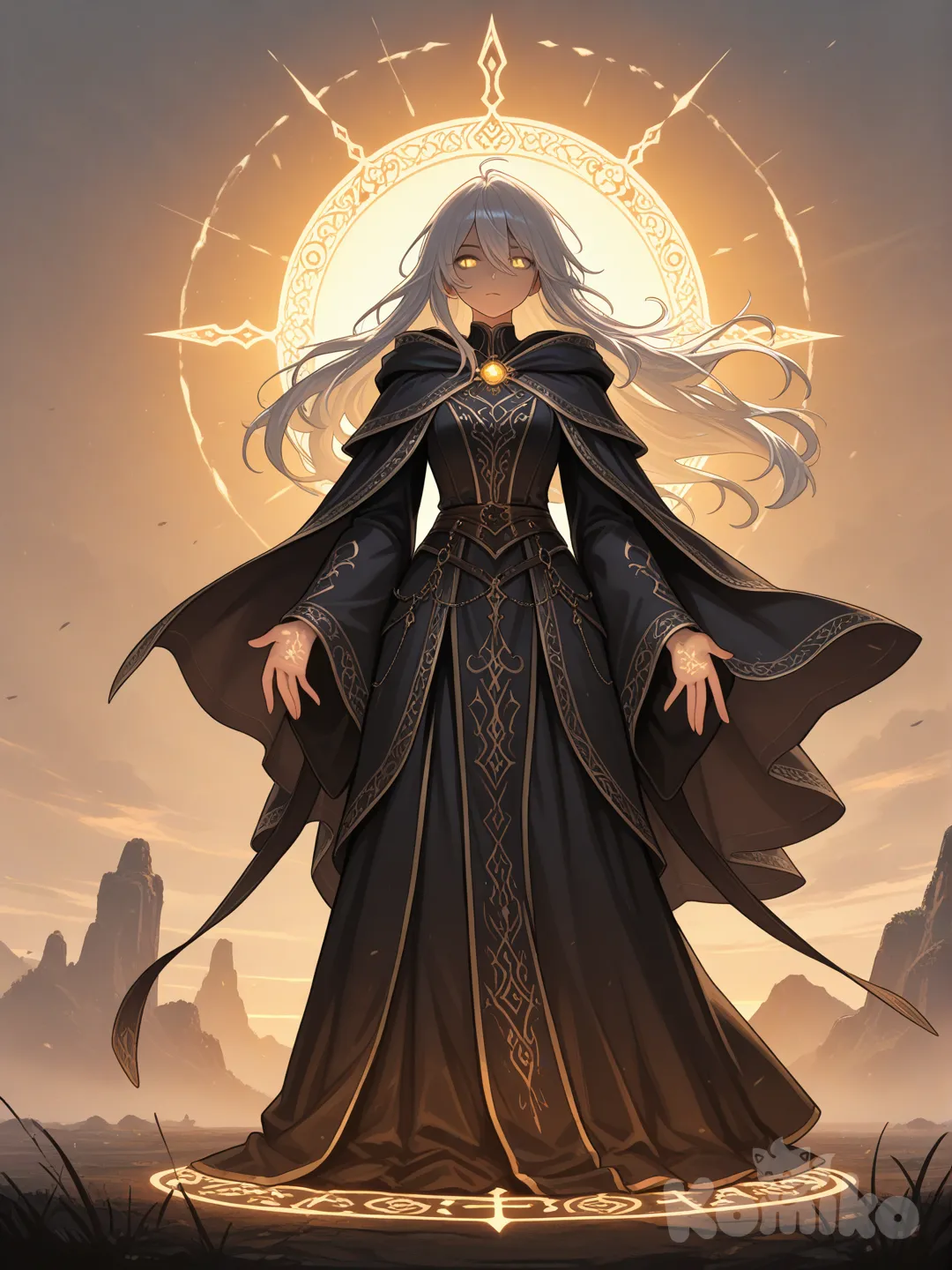 A silver-haired sorceress standing on a cliff at sunrise, glowing runes floating around her hands, dramatic golden rim-light, ultra-face, cinematic shadows, 8k resolution, fantasy realism, atmospheric mist, richly textured clothing.