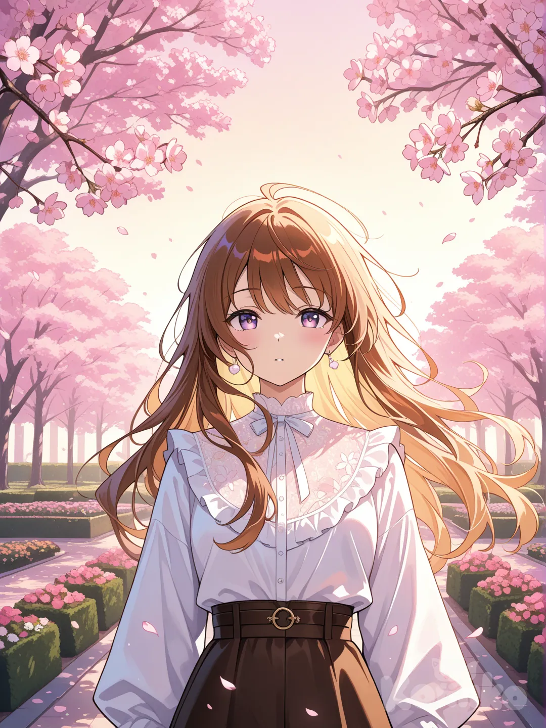 Beautiful anime-style character standing in a sunlit cherry blossom garden, soft pink petals falling around them. Vibrant colors, eyes with soft reflections, gentle wind blowing through their hair. Warm lighting, dynamic pose, high-detail clothing with subtle texture, dreamy atmosphere, cinematic composition.