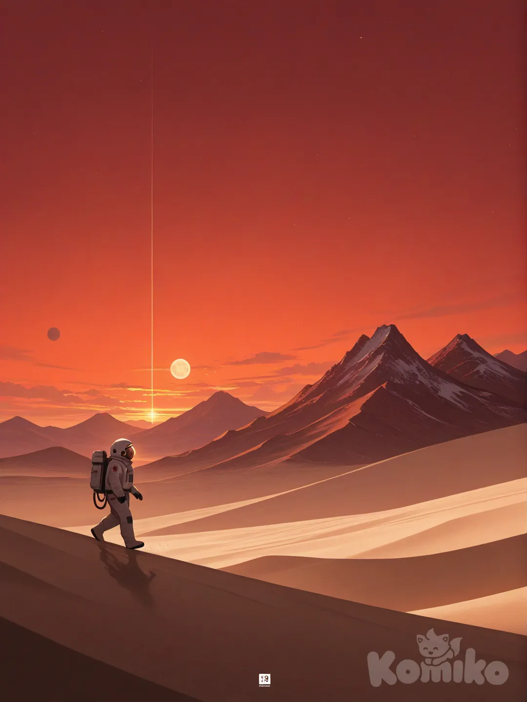 A lone astronaut walks across a vast alien desert at sunset, twin moons rising behind jagged mountains. The camera follows in a slow, cinematic tracking shot.