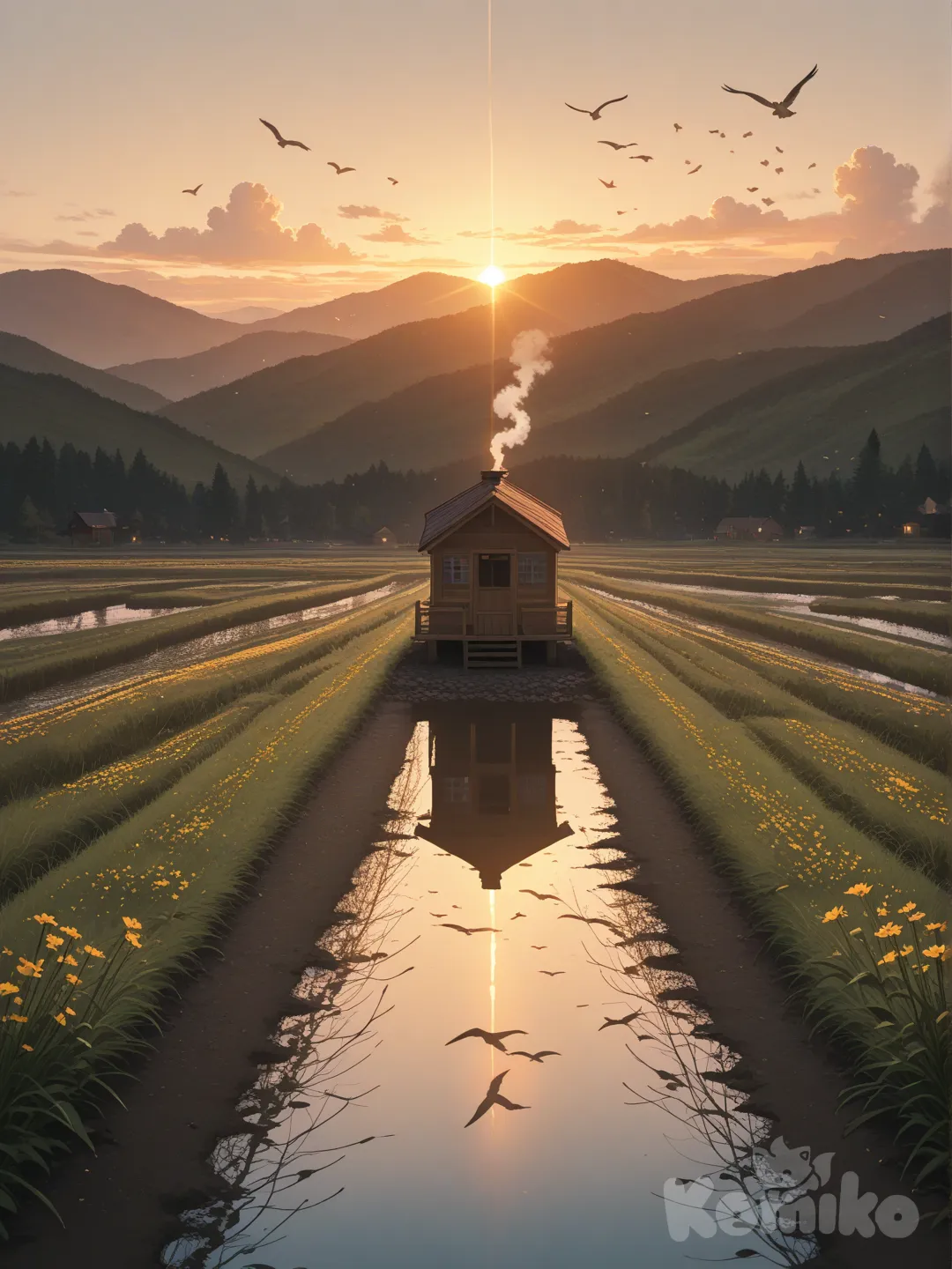 A serene, cinematic landscape at golden hour: rolling green hills dotted with wildflowers, a winding river reflecting the warm sunlight, and a small wooden cabin with smoke rising from the chimney. Soft mist hangs in the distance, birds fly overhead, and the scene is lit with warm, glowing, photo-realistic lighting. Ultra-8K, high dynamic range, natural colors