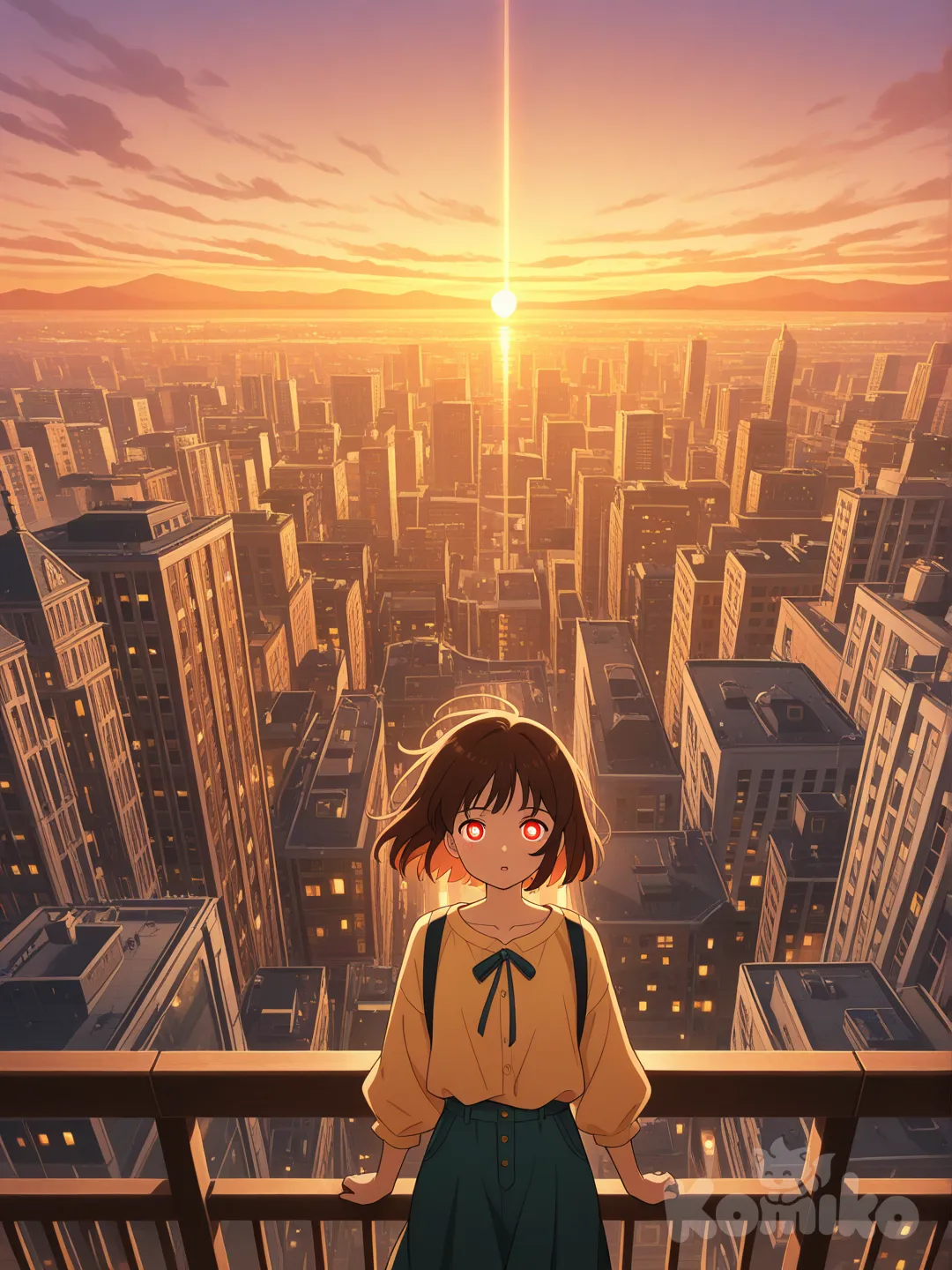A anime-style illustration of a young character with expressive eyes and soft facial features, wearing modern casual clothing. The character stands in a cinematic cityscape at sunset, warm golden light reflecting off buildings. Clean line art, vibrant colors, soft shading, and subtle glow effects. Dynamic composition, shallow depth of field, highly background. Studio Ghibli and modern anime aesthetic, ultra high resolution, crisp focus, smooth gradients, quality.