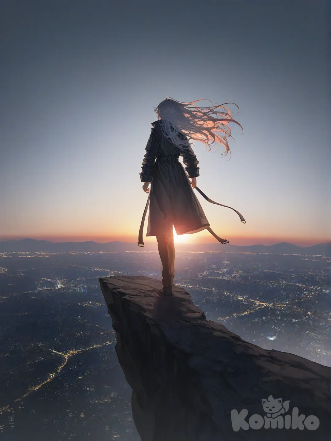A cinematic ultra-realistic scene of a lone figure standing on a cliff at dawn, overlooking a vast futuristic city partially covered in mist. Neon lights glow softly through the fog, blending with warm sunrise colors. The character wears a long flowing coat, hair moving in the wind, conveying quiet determination. Highly environment, dramatic lighting, depth of field, volumetric fog, 8K resolution, photorealistic, cinematic composition, sharp focus, epic atmosphere., [soft-light-illustration-style]