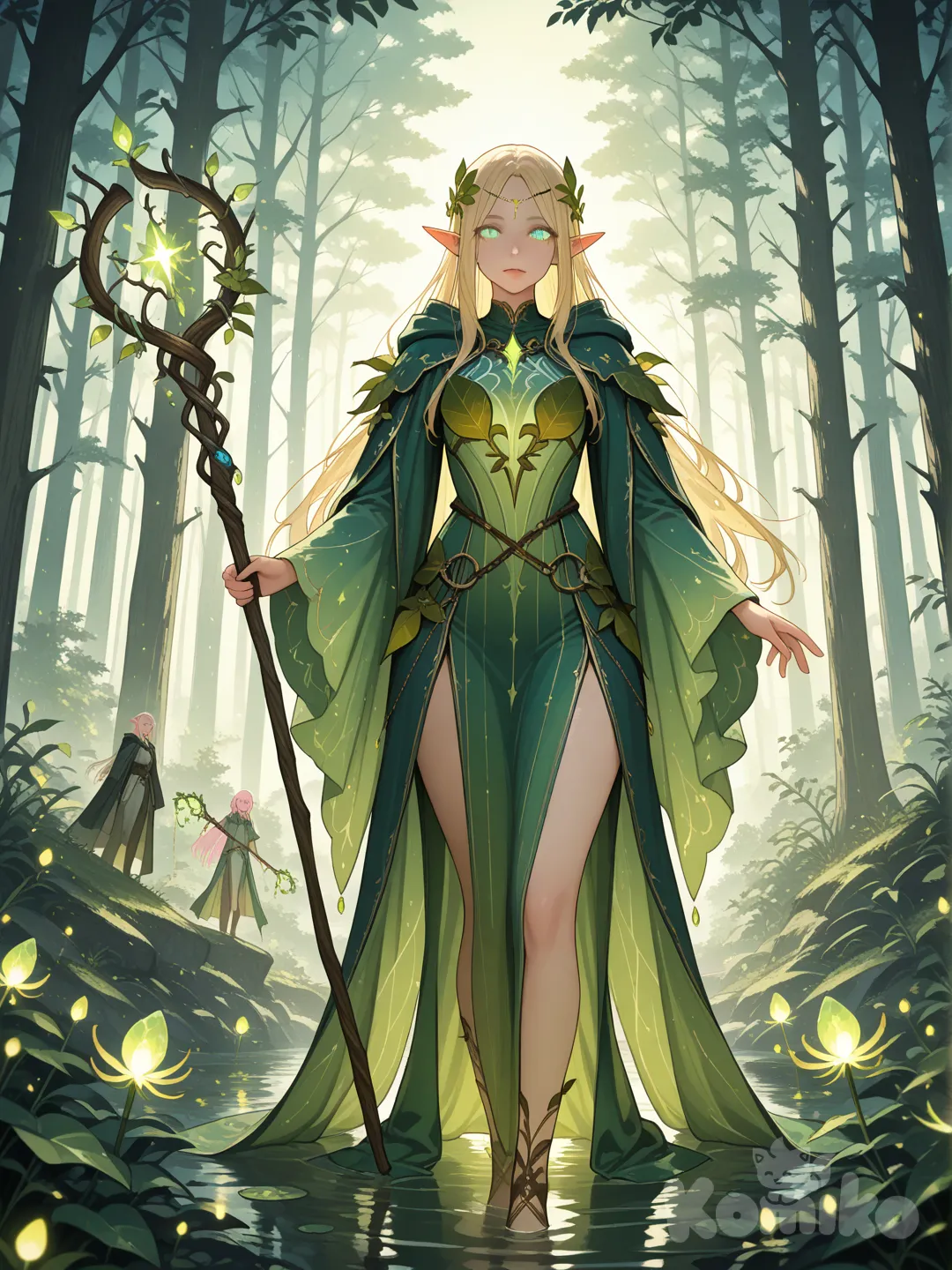 High-fantasy scene of graceful elves in an ancient enchanted forest at twilight. Tall, elegant elves with luminous eyes and delicate, angular features wear flowing embroidered robes and leaf-inspired armor. Soft bioluminescent plants glow around them, mist drifting between massive ancient trees. One elf holds a glowing crystal staff, another draws an ornate bow. Cinematic lighting, magical atmosphere, ultra-realistic fantasy art style, shallow depth of field, vibrant yet ethereal color palette, quality.