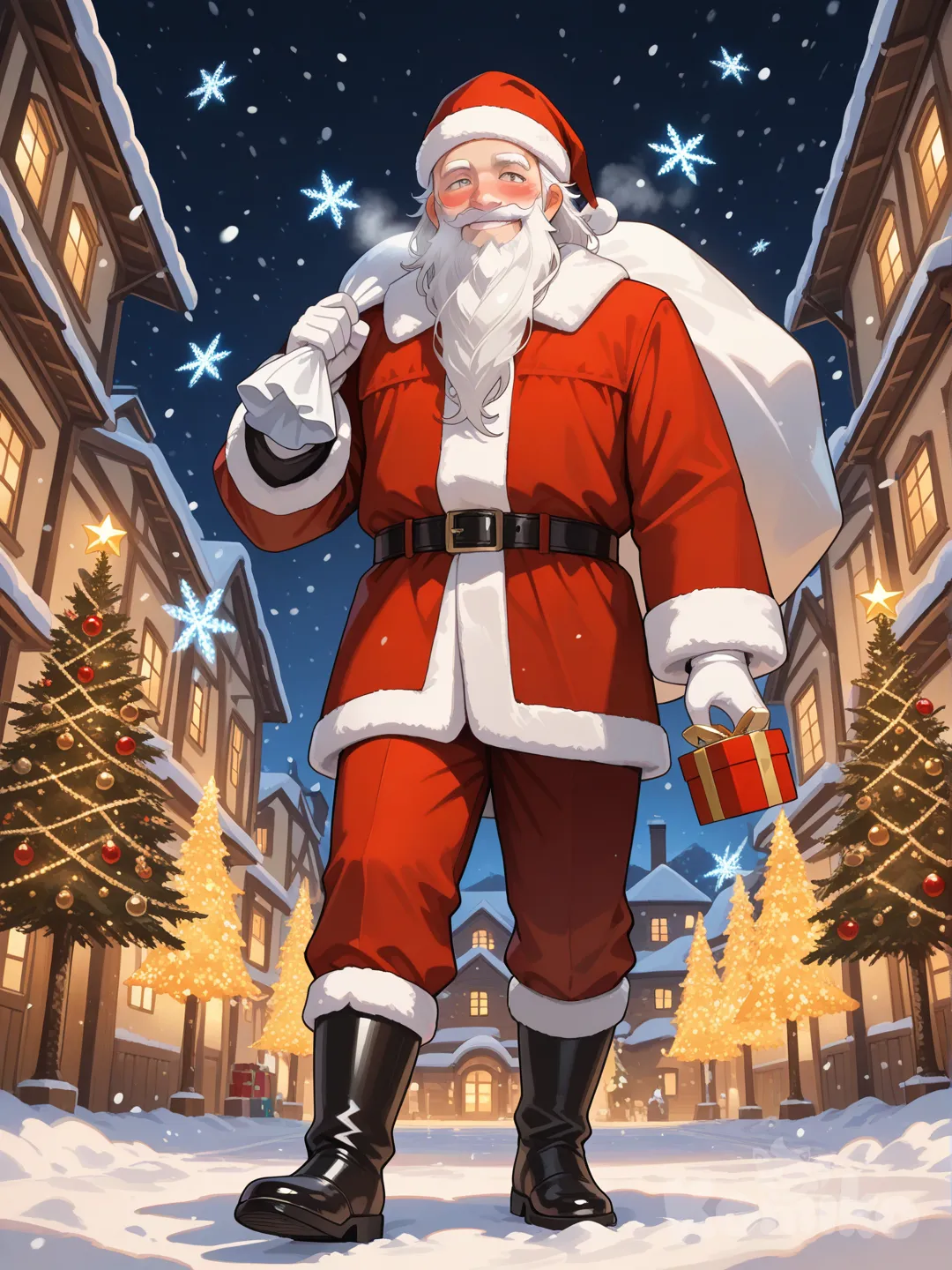 A warm, cinematic illustration of Santa Claus on Christmas Eve, wearing a classic red velvet suit with white fur trim, a long flowing white beard, and rosy cheeks. Santa is smiling kindly while holding a sack of gifts over his shoulder. Snow is gently falling, glowing softly in golden holiday lights. A cozy winter village with decorated houses and lit windows in the background. Ultra-realistic textures, soft lighting, shallow depth of field, magical atmosphere, high resolution, festive holiday mood.