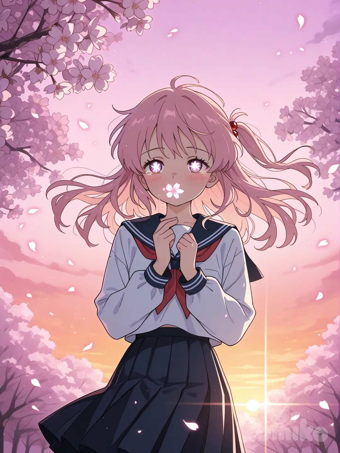 A anime-style illustration of a young character standing under glowing cherry blossom trees at sunset, soft pastel sky with pink and orange hues, gentle wind moving their hair and clothes, expressive eyes with emotional depth, cinematic lighting, ultra-clean lineart, vibrant colors, high detail, shallow depth of field, magical atmosphere, Studio Ghibli and modern anime aesthetic.