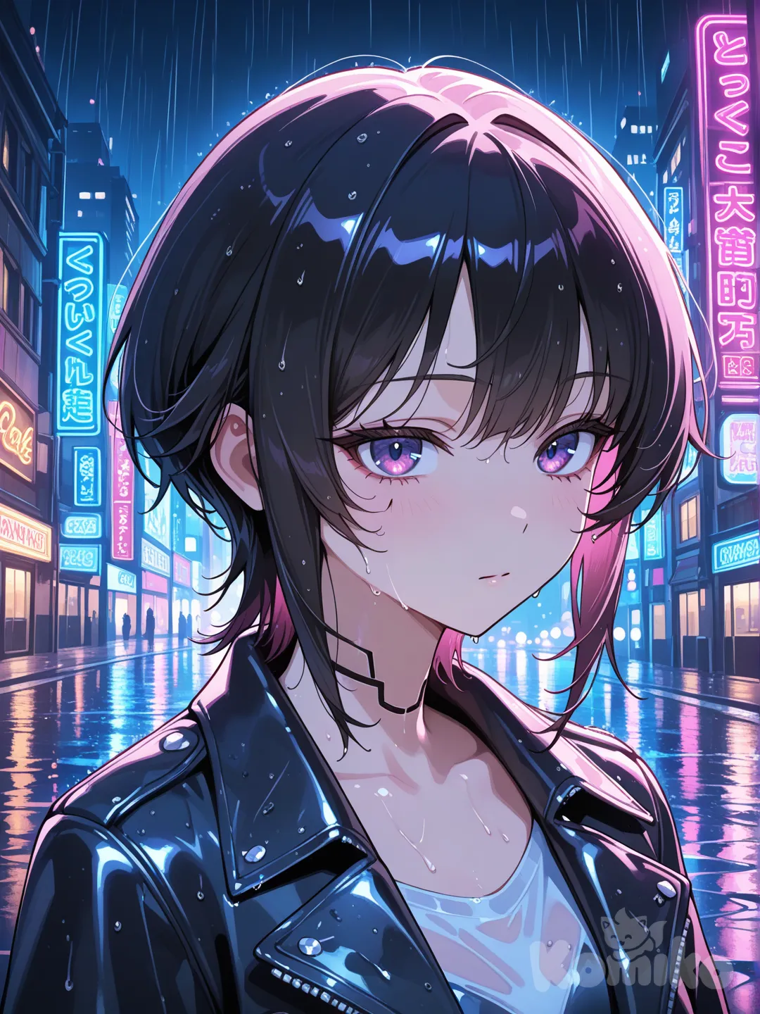 A portrait of a young woman standing in a rainy city at night, wearing a black leather jacket with neon reflections on the fabric. Soft cinematic lighting, shallow depth of field, moody cyberpunk atmosphere, ultra-.