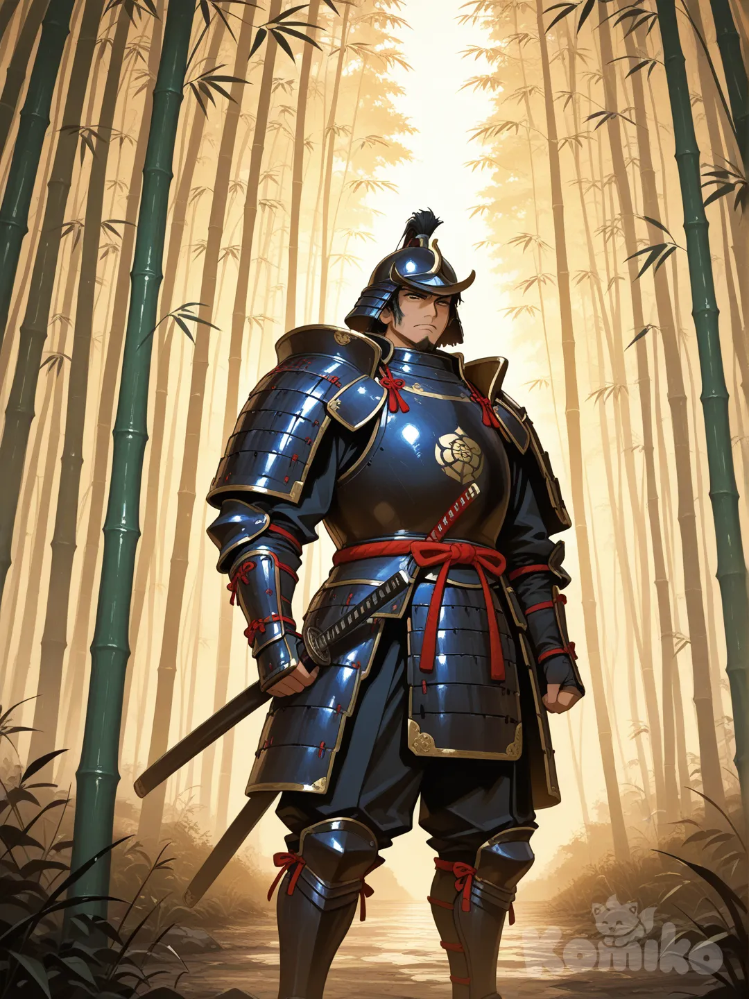 A lone samurai standing in a misty bamboo forest at dawn, traditional armor with subtle wear, cinematic lighting, dramatic atmosphere, digital painting, rich brush strokes, moody color palette, ultra-concept art, .