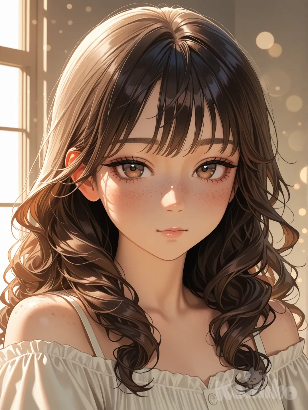 A highly portrait of a young woman with curly hair and freckles, wearing a linen dress. Soft natural window light, warm tones, calm and thoughtful mood. Photorealistic style, 85mm lens look, shallow depth of field, ultra-high resolution.