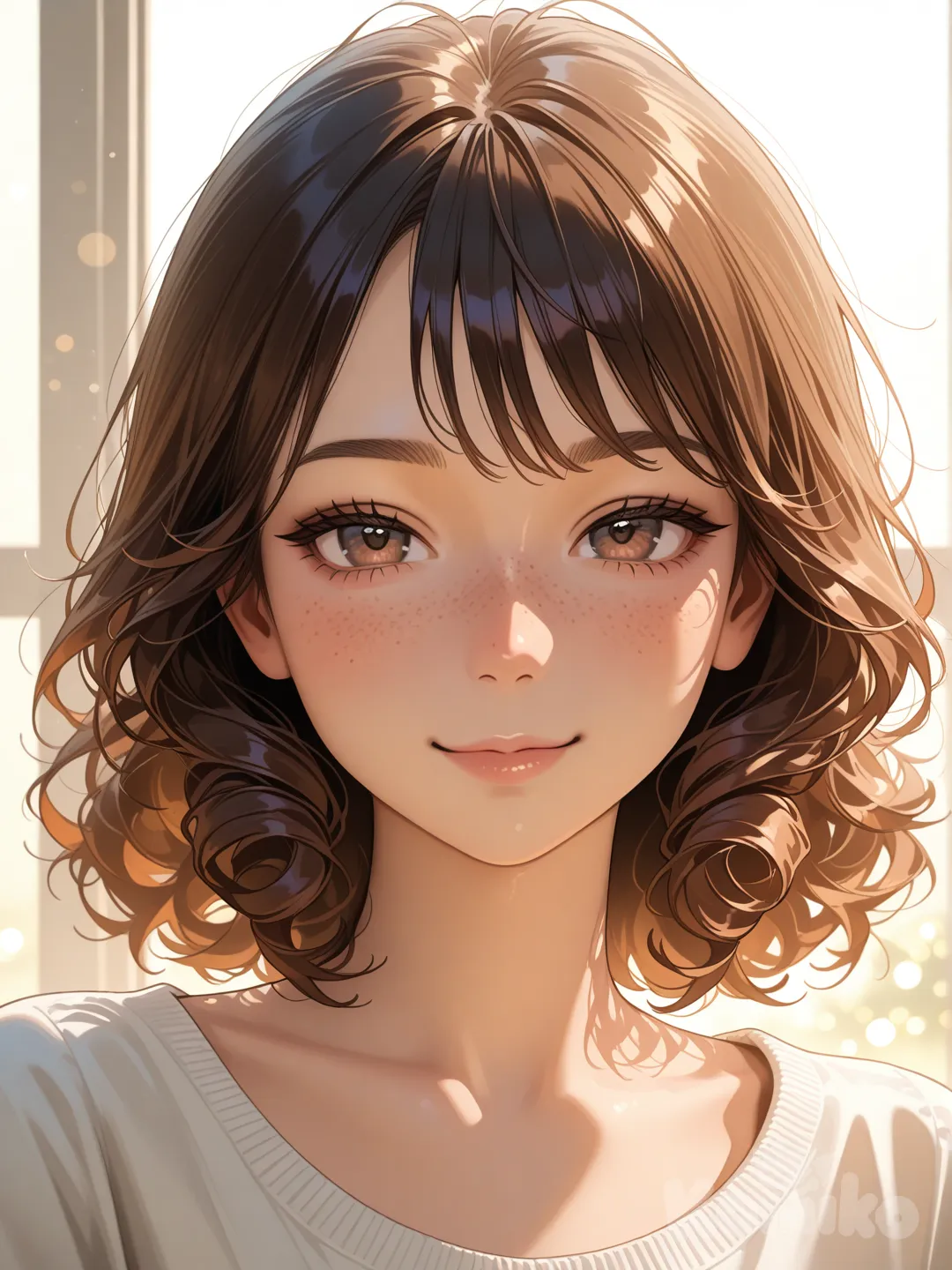 A close-up portrait of a young woman with freckles and curly hair, soft natural window light, shallow depth of field, realistic photography style, warm tones, calm and confident expression, ultra-.