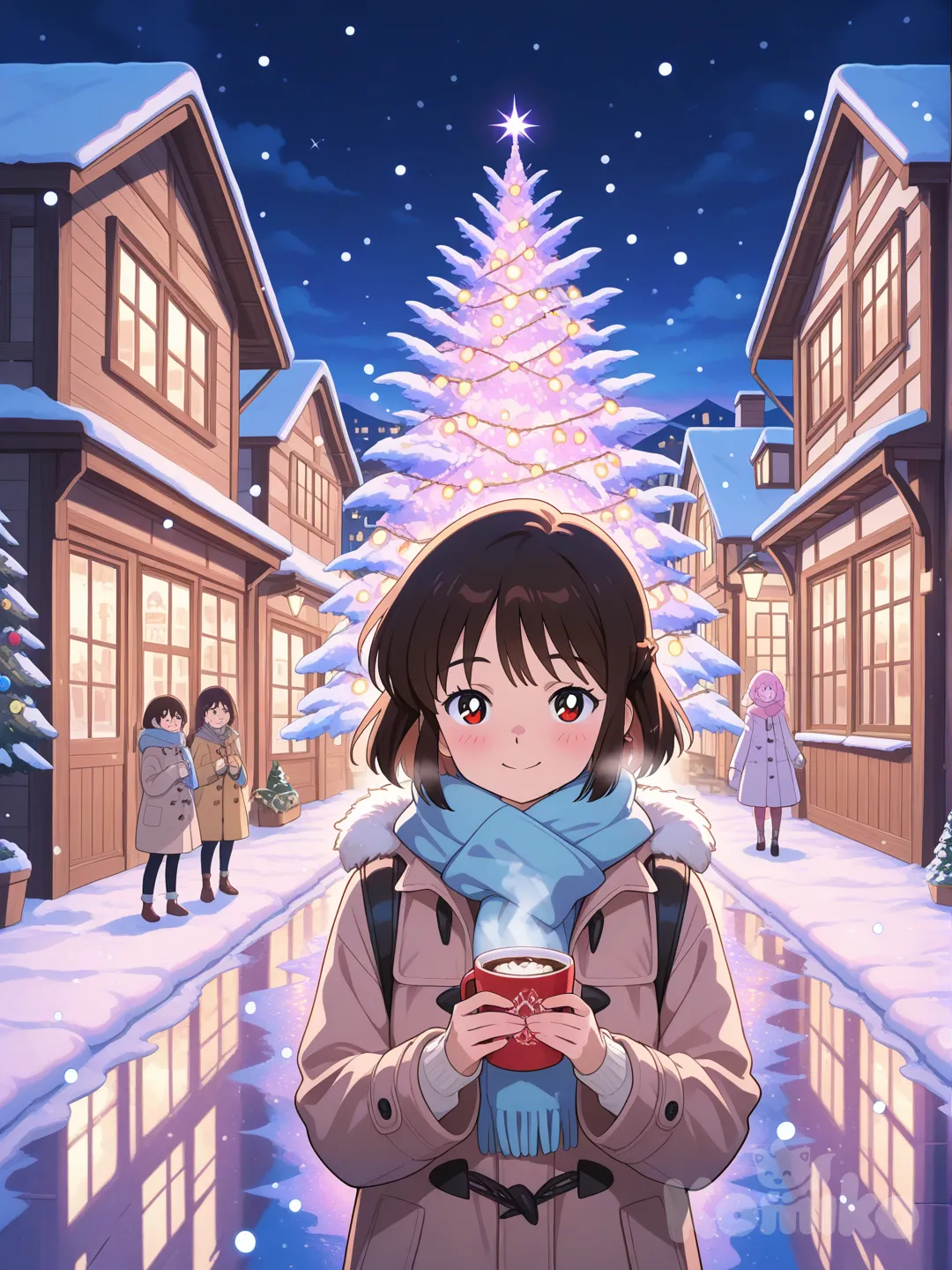 A cozy anime-style Christmas evening in a snow-covered town, glowing streetlights reflecting on fresh snow, cute wooden houses decorated with colorful Christmas lights and wreaths, a large Christmas tree in the town square adorned with ornaments and ribbons, gentle snow falling, anime characters wearing scarves and winter coats smiling and holding hot cocoa, warm light shining from shop windows, soft pastel color palette, expressive anime eyes, clean line art, background, Studio Ghibli–inspired atmosphere, dreamy lighting.