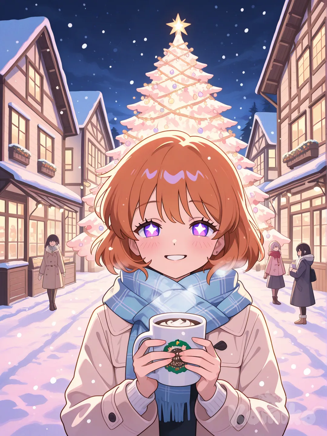 A cozy anime-style Christmas evening in a snow-covered town, glowing streetlights reflecting on fresh snow, cute wooden houses decorated with colorful Christmas lights and wreaths, a large Christmas tree in the town square adorned with ornaments and ribbons, gentle snow falling, anime characters wearing scarves and winter coats smiling and holding hot cocoa, warm light shining from shop windows, soft pastel color palette, expressive anime eyes, clean line art, background, Studio Ghibli–inspired atmosphere, dreamy lighting.