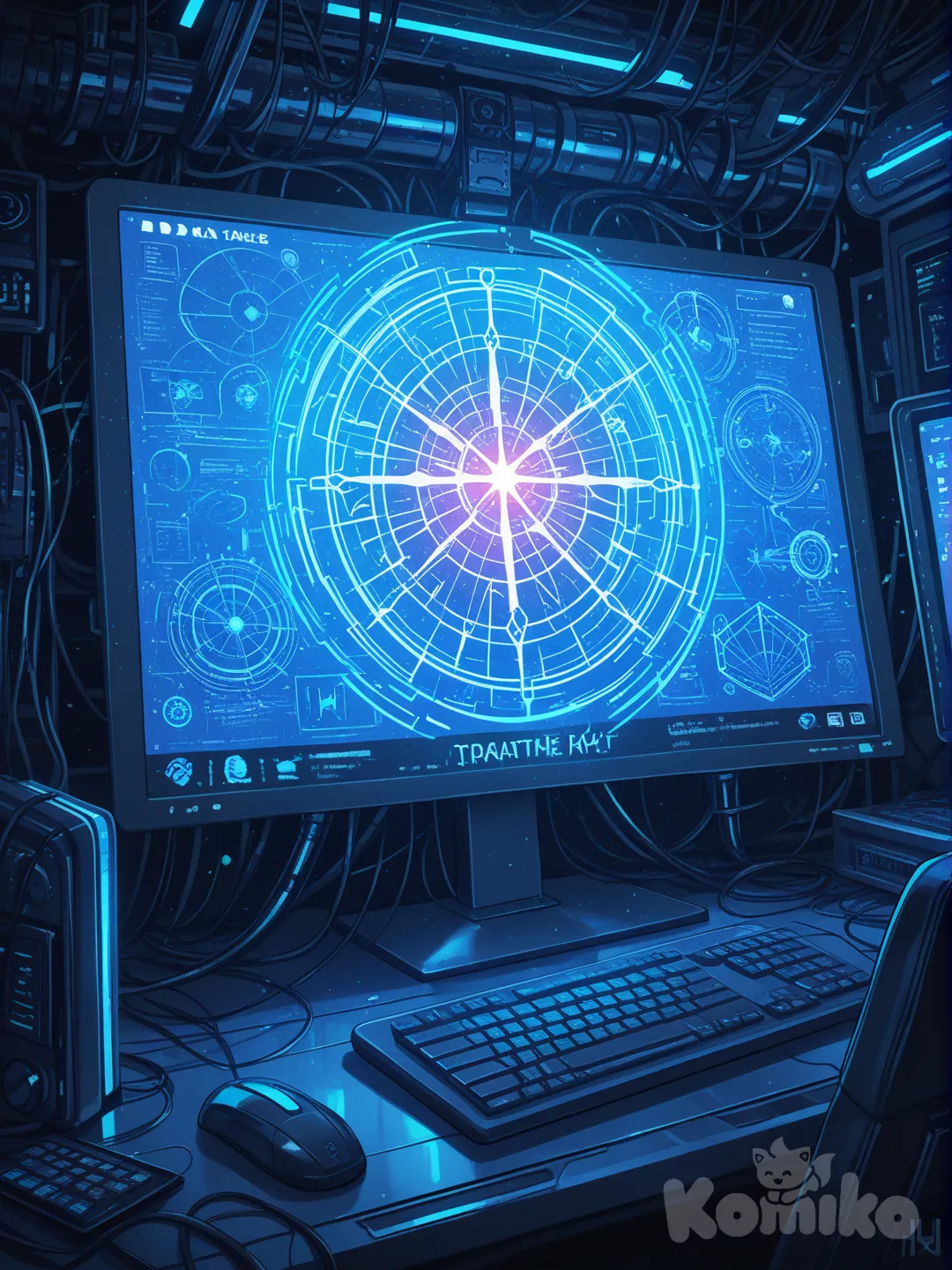 A futuristic digital art scene showcasing originality and creativity: a sleek AI interface labeled “KomikoAI” generating a stunning original illustration in real time. Vibrant colors, clean composition, and premium aesthetics. Glowing energy particles form the word “ZAPS” as rewards float upward, symbolizing higher quality earning more points. Modern UI elements, sharp details, cinematic lighting, polished anime-inspired style, ultra-high resolution, professional concept art.