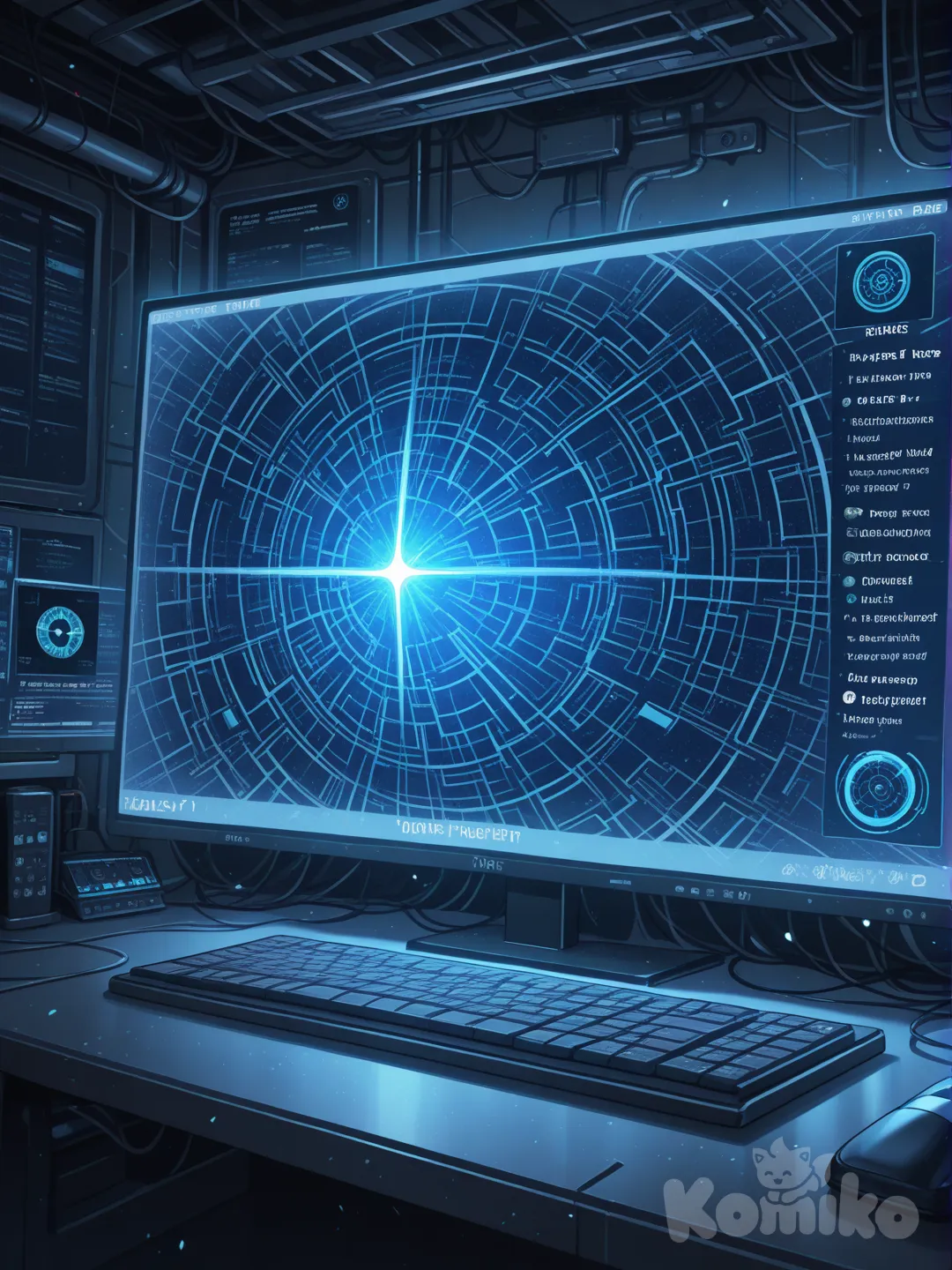 A futuristic digital art scene showcasing originality and creativity: a sleek AI interface labeled “KomikoAI” generating a stunning original illustration in real time. Vibrant colors, clean composition, and premium aesthetics. Glowing energy particles form the word “ZAPS” as rewards float upward, symbolizing higher quality earning more points. Modern UI elements, sharp details, cinematic lighting, polished anime-inspired style, ultra-high resolution, professional concept art.