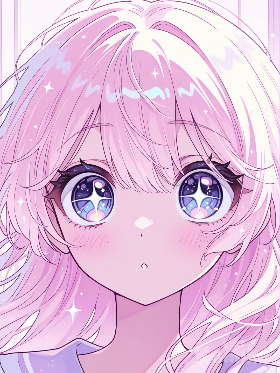 Anime-style portrait of a teenage character, large expressive eyes, soft pastel colors, hair with gentle highlights, clean line art, smooth shading, studio lighting, modern anime art style.