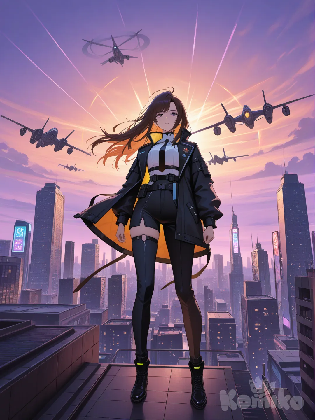 A highly cinematic scene of a futuristic city at sunset, with towering glass skyscrapers reflecting warm orange and purple skies. Neon lights glow along flying vehicles moving through the air. In the foreground, a lone figure in a sleek, modern outfit stands on a rooftop, wind blowing through their hair, looking over the city. Ultra-realistic lighting, dramatic perspective, shallow depth of field, 8K resolution, concept art style, epic and atmospheric.