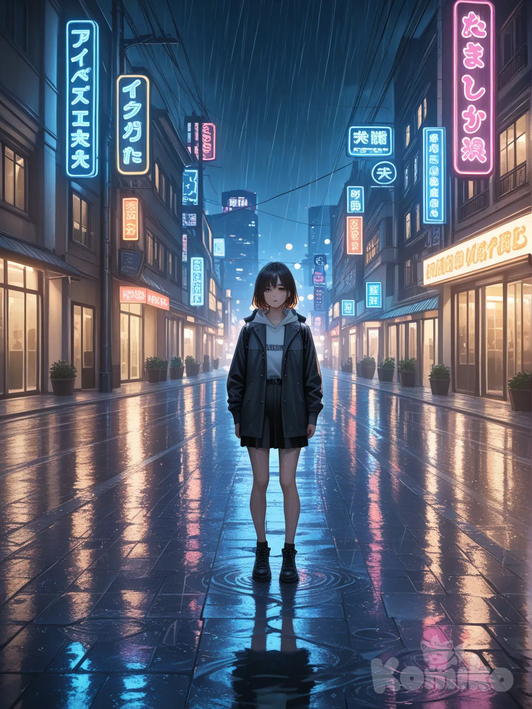 Ultra-realistic photograph of a young woman standing on a rainy city street at night, neon lights reflecting on the wet pavement, cinematic lighting, shallow depth of field, 85mm lens, f/1.8, soft bokeh, natural skin texture, high detail, moody atmosphere, professional photography, 8K resolution.
