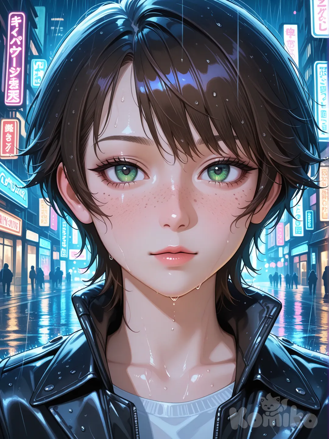 A highly portrait of a young woman with freckles and green eyes, wearing a black leather jacket, standing in a rainy cyberpunk city at night.
Neon lights reflecting on wet streets, cinematic lighting, shallow depth of field, moody atmosphere, ultra-realistic, 35mm lens, soft focus.