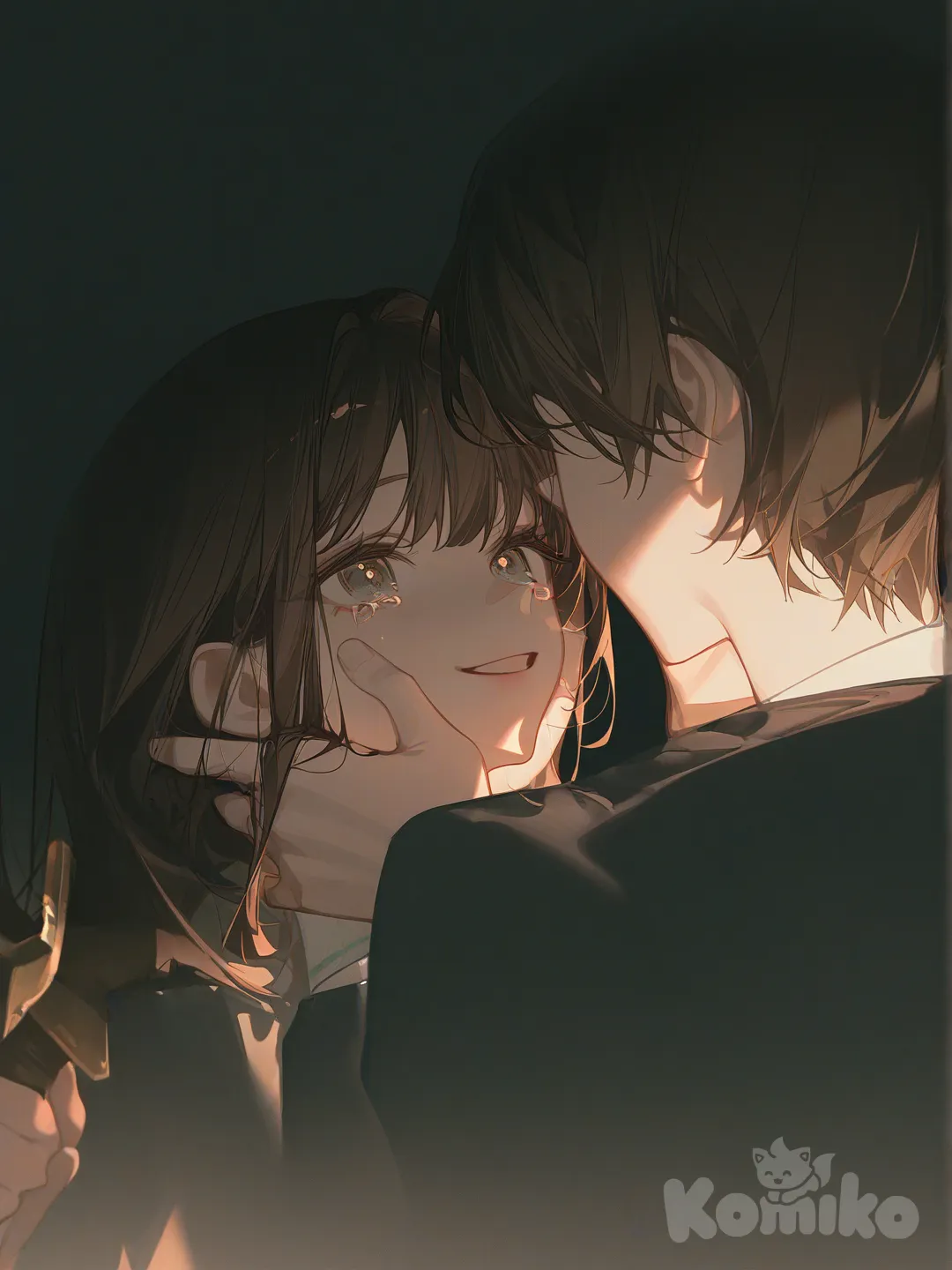 1boy, 1girl, looking away, [high-contrast-glossy-style], holding sword, hands on another's face, happy, happy tears