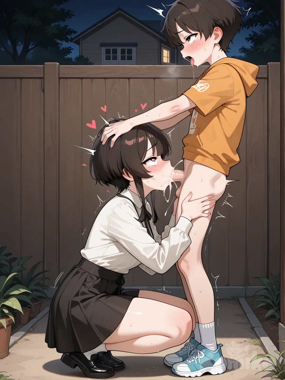 сестра сосёт член младшего брата за домом. а потом брат прижал голову сестры засунув весь член в рот сестры и кончил охая от наслаждения. персонажи в весь рост