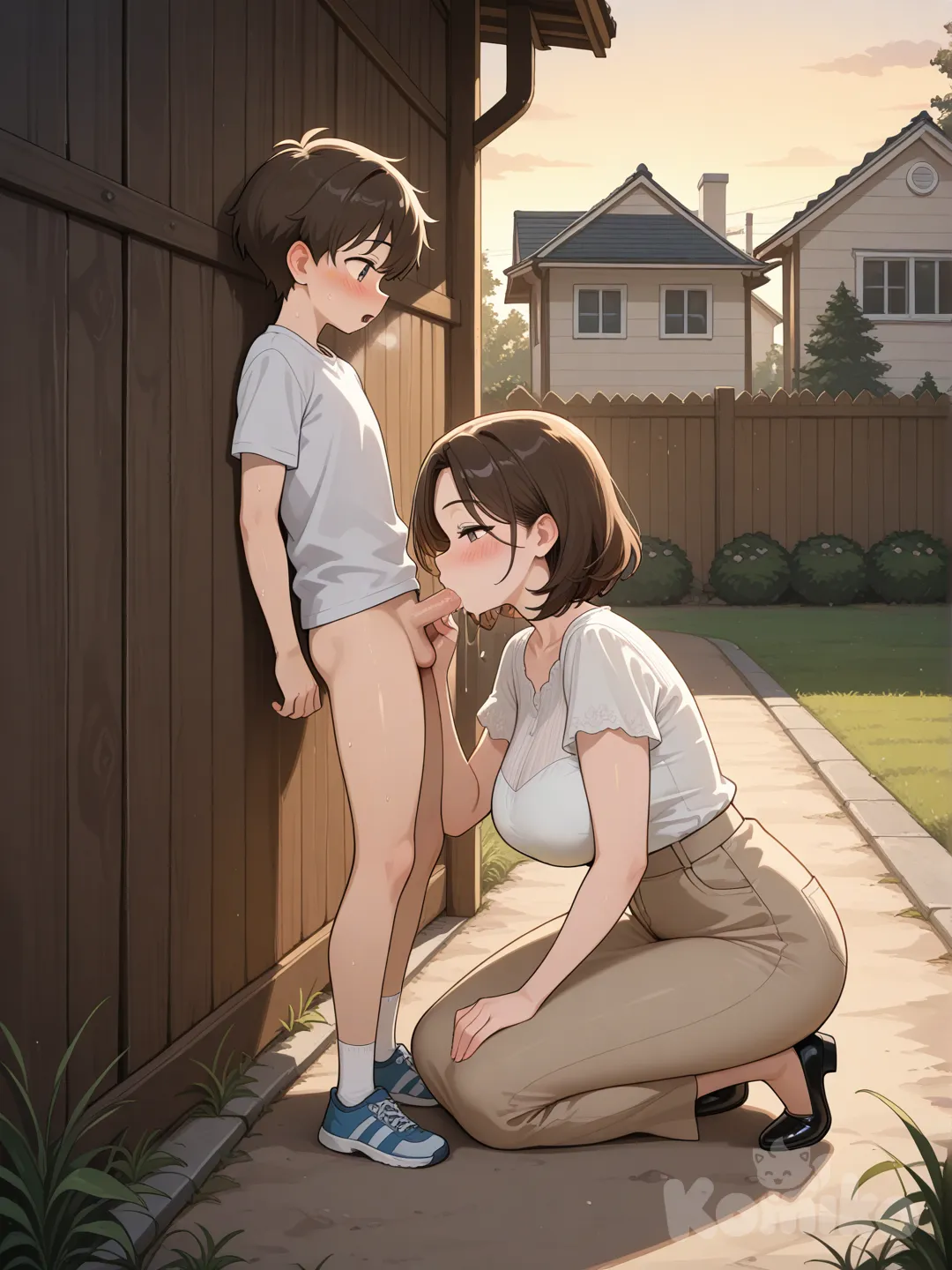 взрослая сестра сосёт член маленького братика за домом. персонажи в весь рост