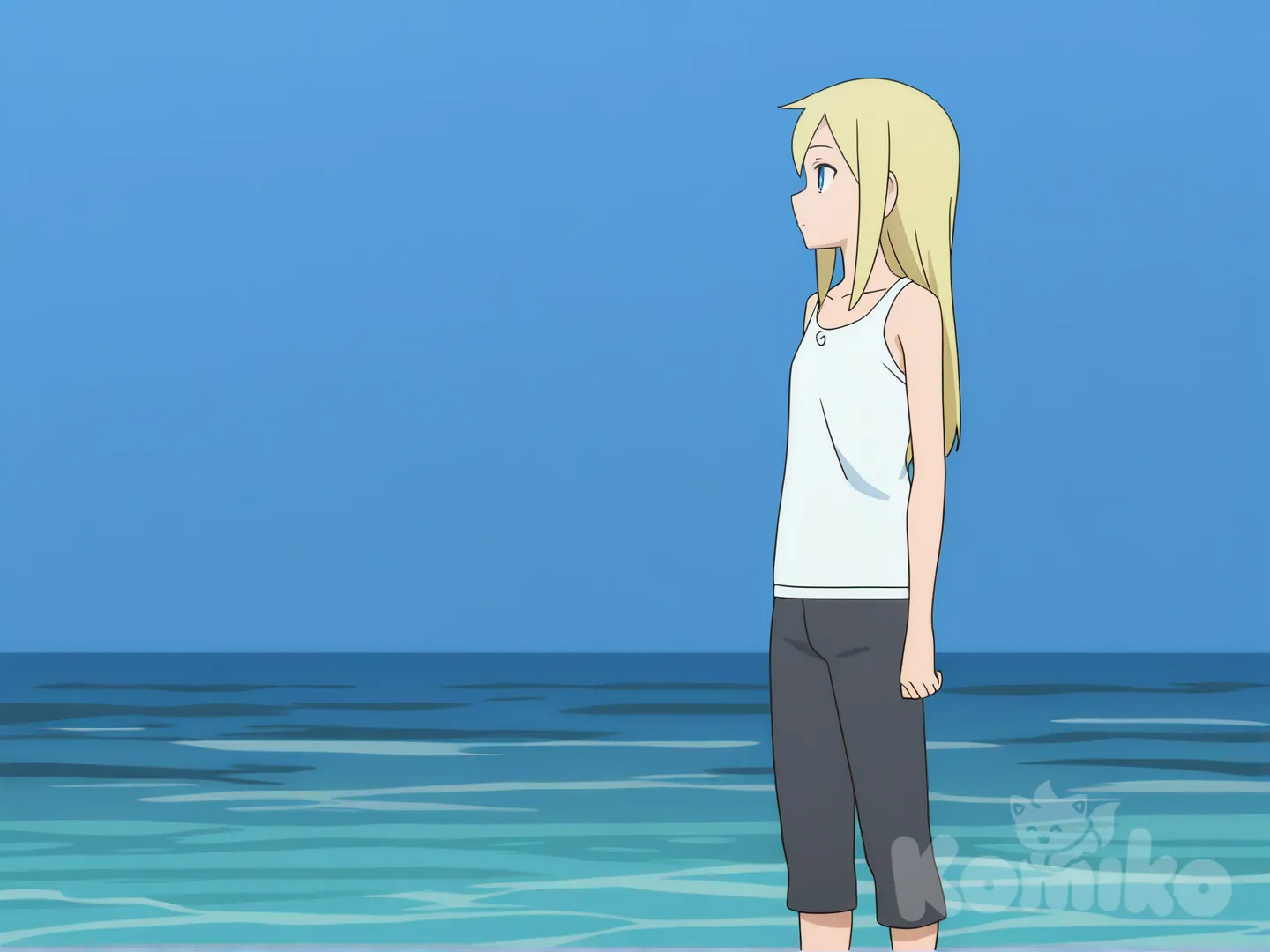 @helena-vEdI, [flat-anime-style], ocean, day, full body, side profile photo, expressionless, looking afar, white tank top, capri pants