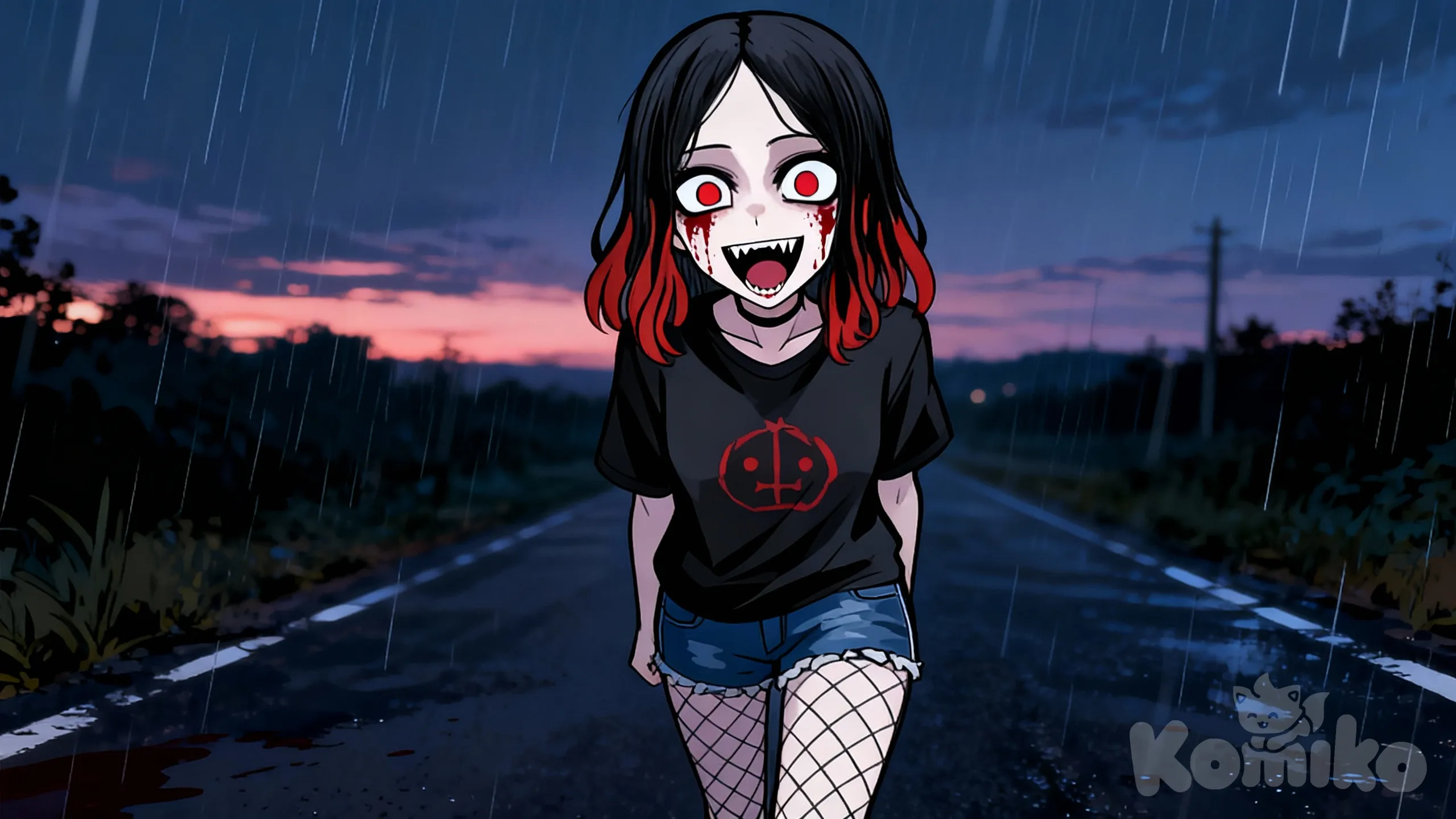[pop-anime-style], open mouth, evil smile, wide shot, looking at viewer, rainy, blood on face, wide-eyed, crazy eyes, walking towards viewer, outdoors, twilight, road
