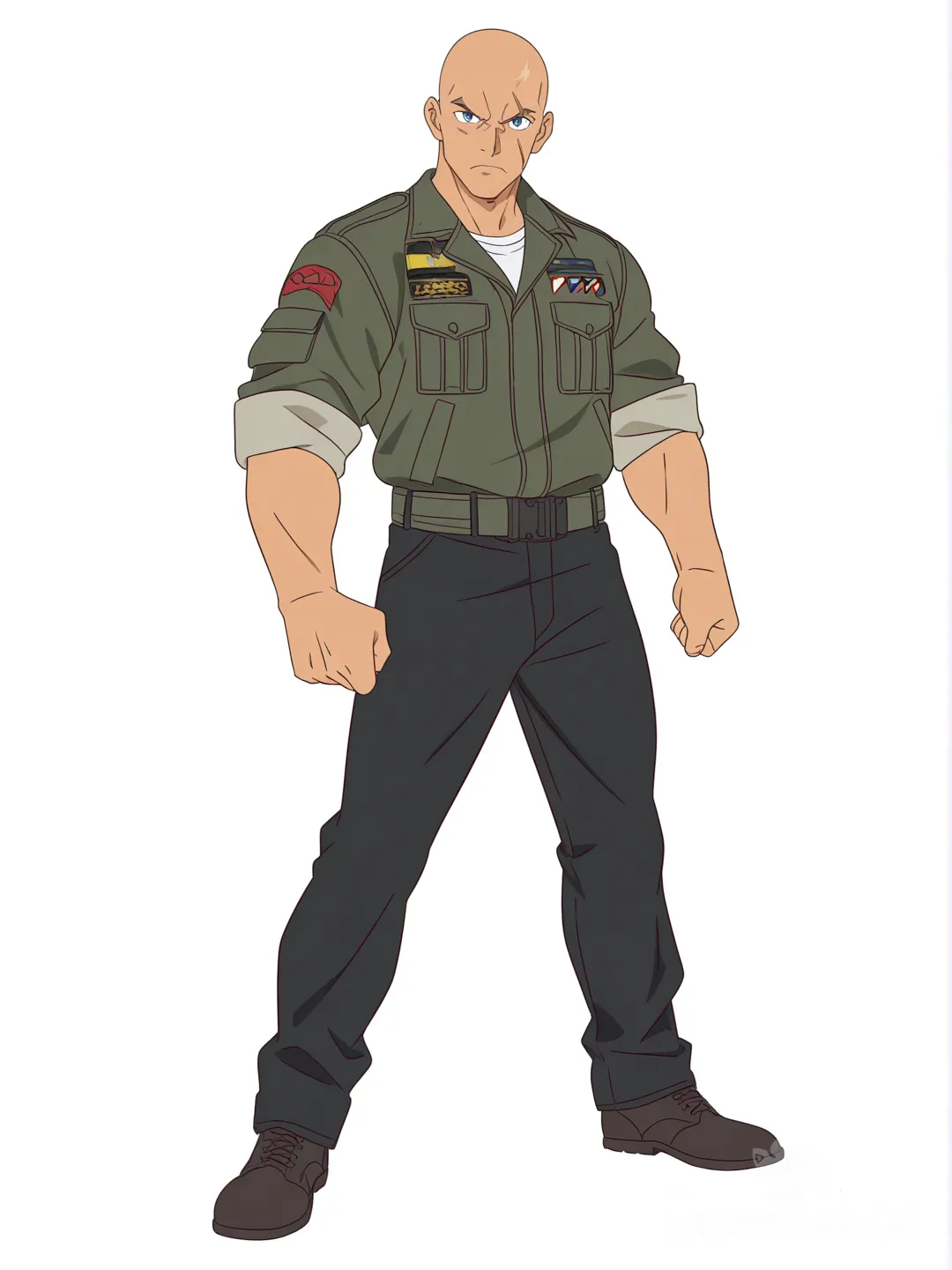 1boy, middle-aged, muscular, bald, blue eyes, scar, tan skin, combat jacket, black jeans, single character, full body, looking at viewer, anime style, simple background, white background, [pop-anime-style]