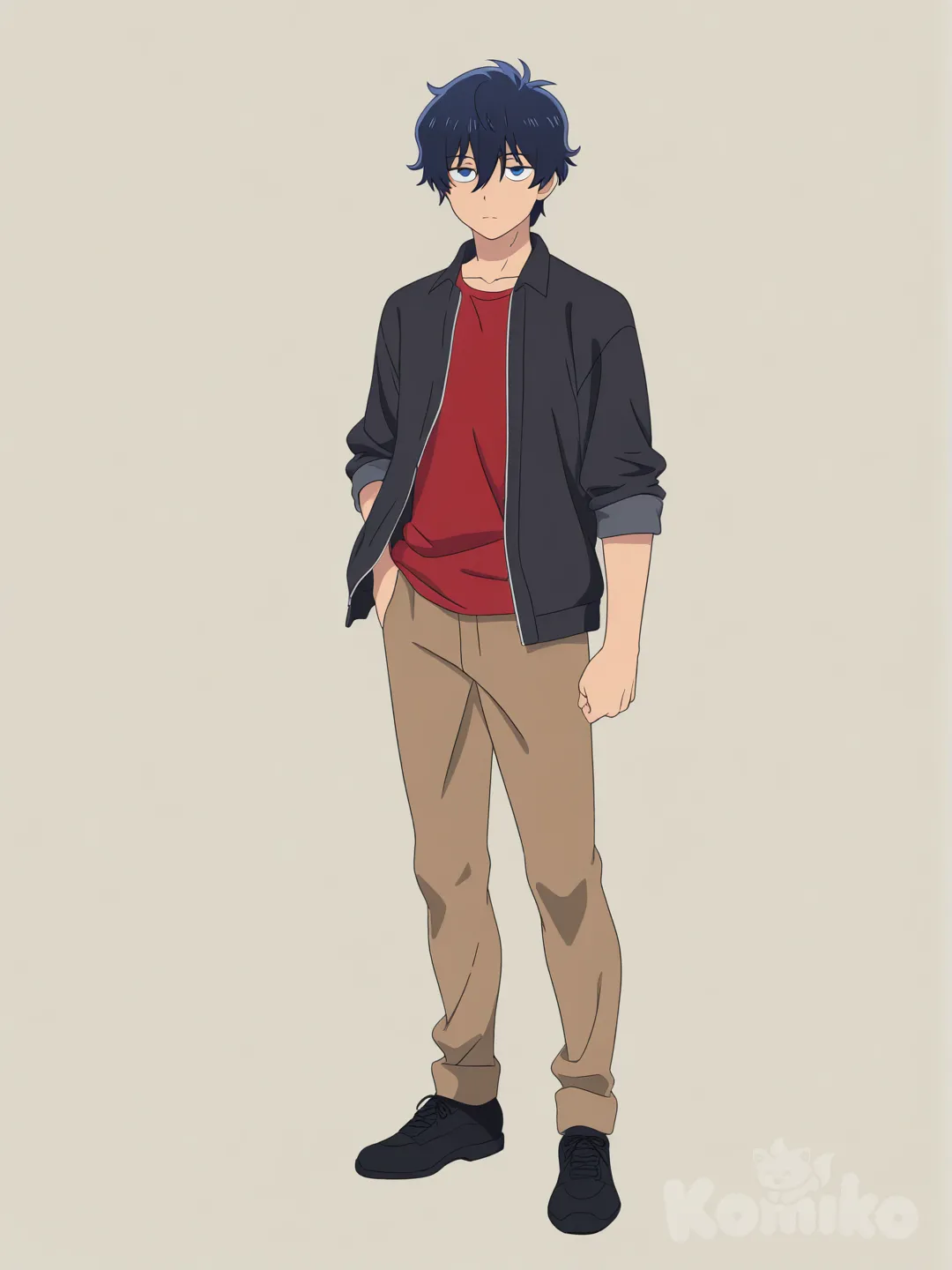 [pop-anime-style], 1boy, young adult, athletic, slim, tall, short hair, straight hair, black jacket, red shirt, t-shirt, brown pants, black shoes, blue eyes, dead eyes