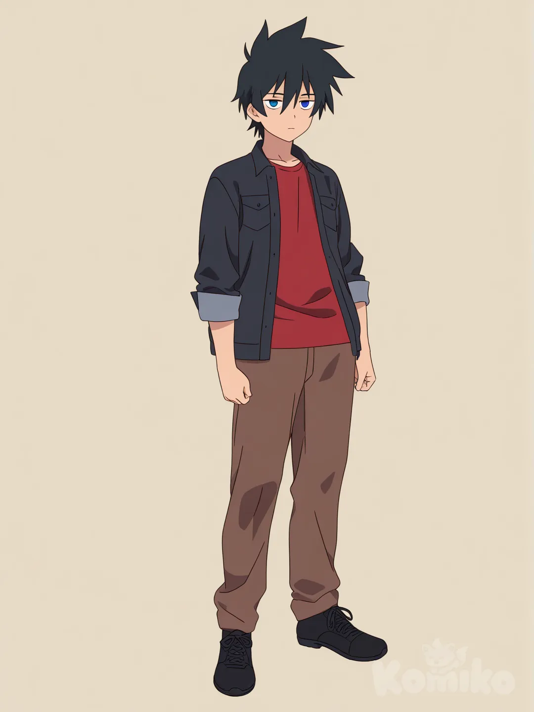 [pop-anime-style], 1boy, young adult, athletic, slim, tall, short hair, straight hair, black hair, black jacket, red shirt, t-shirt, brown pants, black shoes, blue eyes, dead eyes
