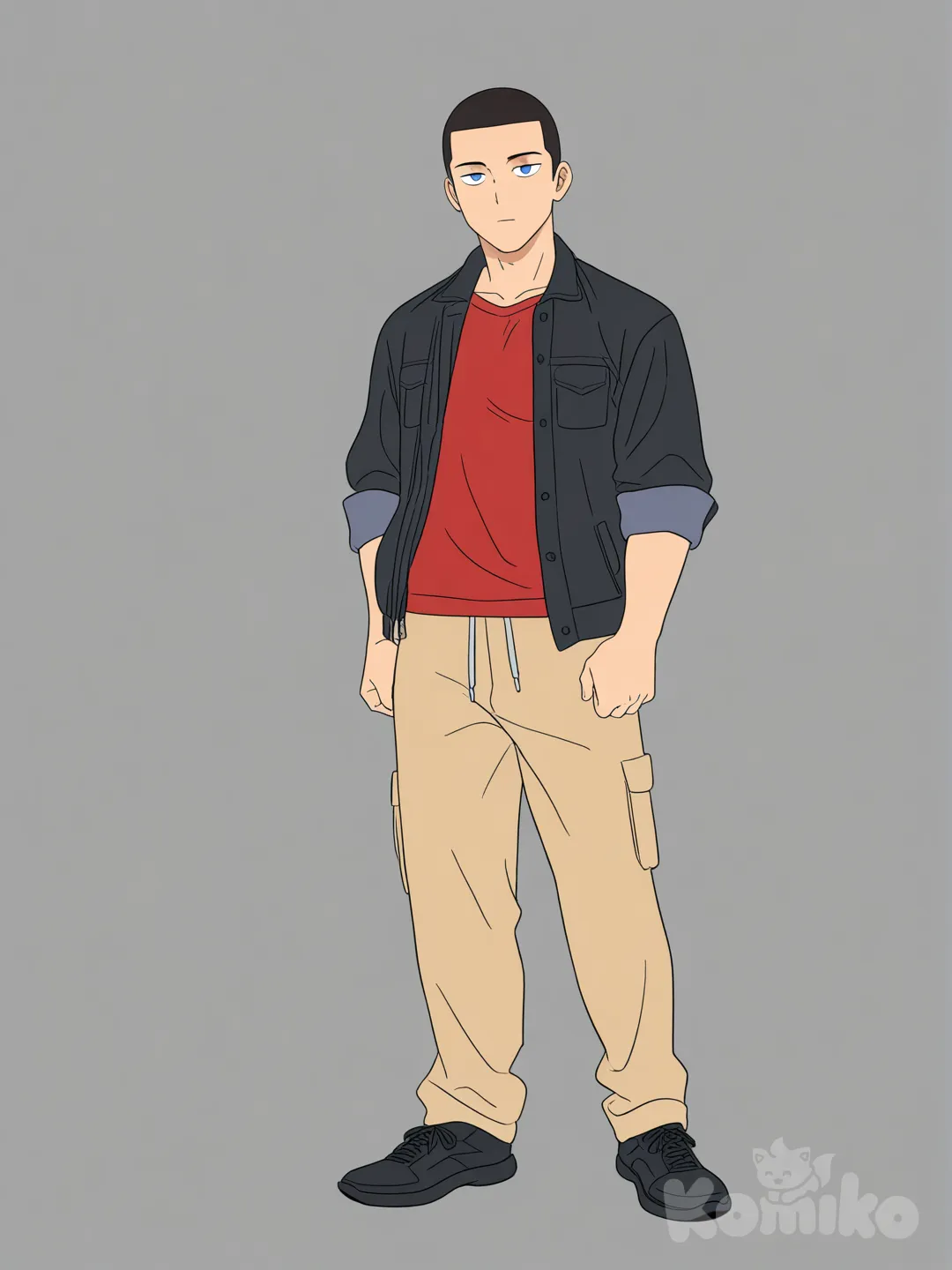 [pop-anime-style], 1boy, young adult, athletic, slim, tall, buzzcut, black hair, black jacket, red shirt, t-shirt, brown pants, black shoes, blue eyes, dead eyes