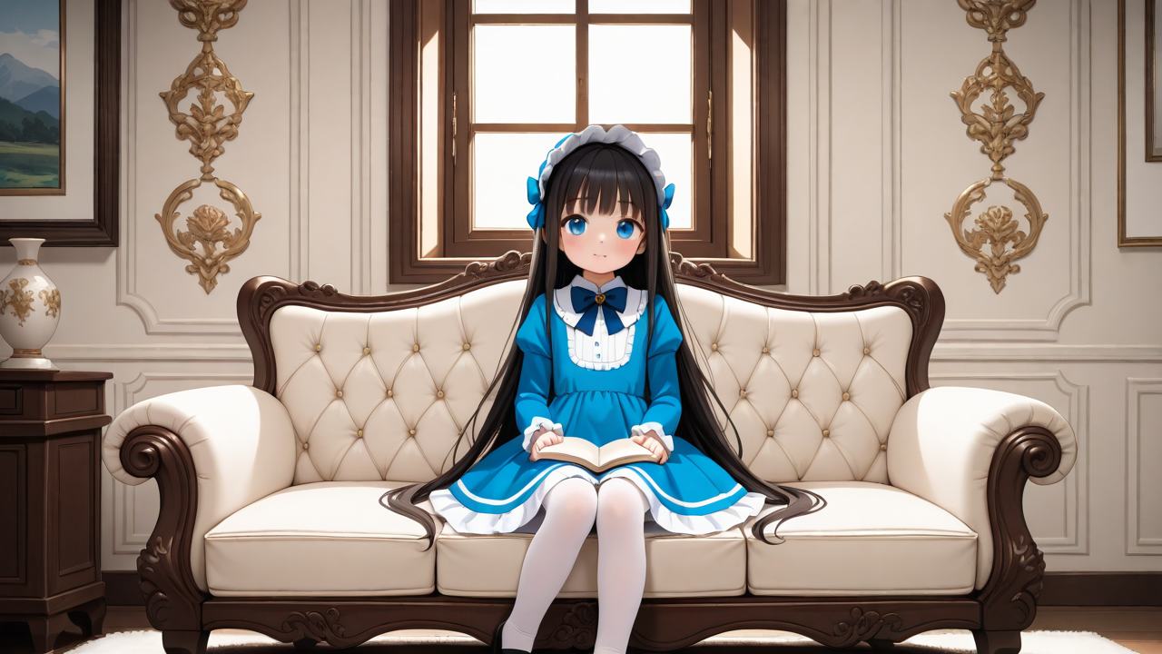 Jet-black long hair, blue eyes, height 140cm, flat chest, small hips, fourth-grade elementary school student, 10 years old, countess's daughter, long-sleeved dress, white tights, Mary Janes, cute, girl, Lolita, sitting on the sofa, reading

Cream-colored walls, gold-plated brass floral carvings on the wall, high-end furnishings, not ostentatious, elegant

Sunset light streaming through the window, around 3 PM

Anime-style artwork, highest quality, latest