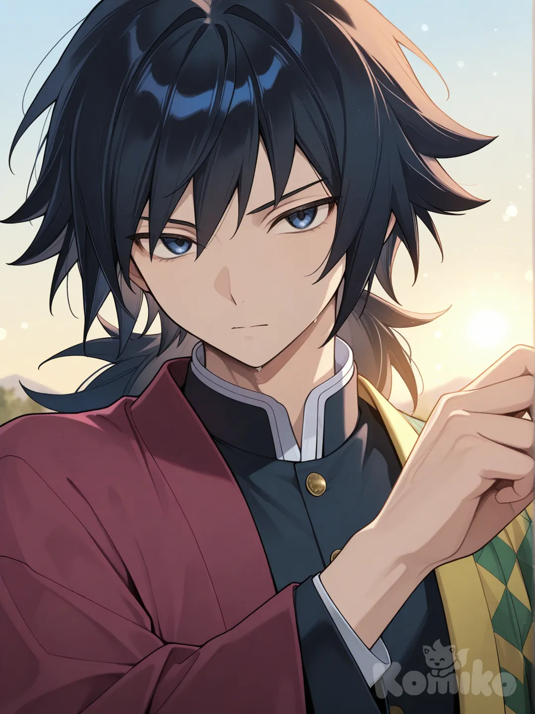 Cool, eye catching, aesthetic, upper body, portrait, day, backlight, outside, @Tomioka_Giyuu