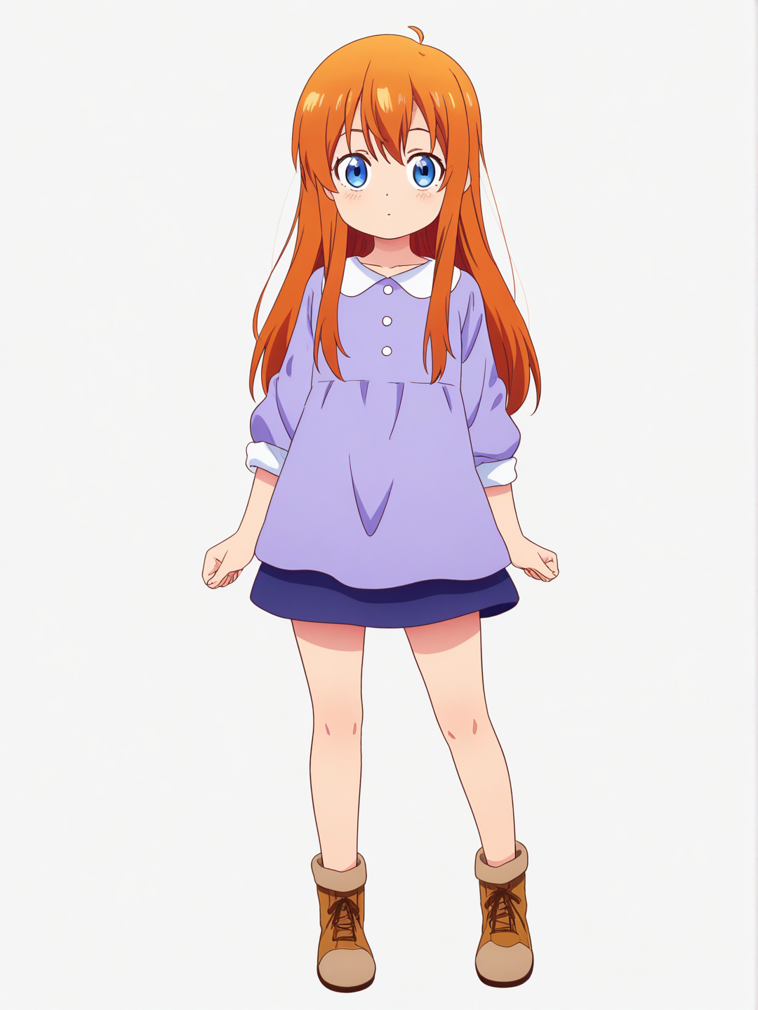 [pop-anime-style] 1girl, child, straight hair, long hair, blue eyes, single character, full body, looking at viewer, anime style, simple background, white background