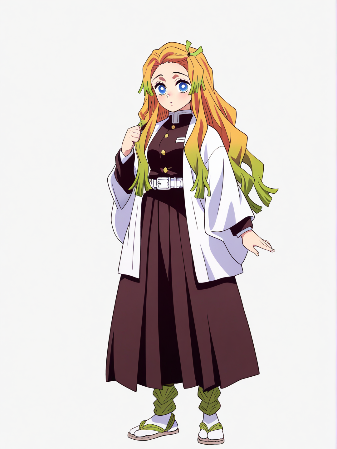 [pop-anime-style] 1girl, kimetsu_no_yaiba, teen, long_hair, straight_hair, orange_hair, blue_eyes, single character, full body, looking at viewer, simple background, white background