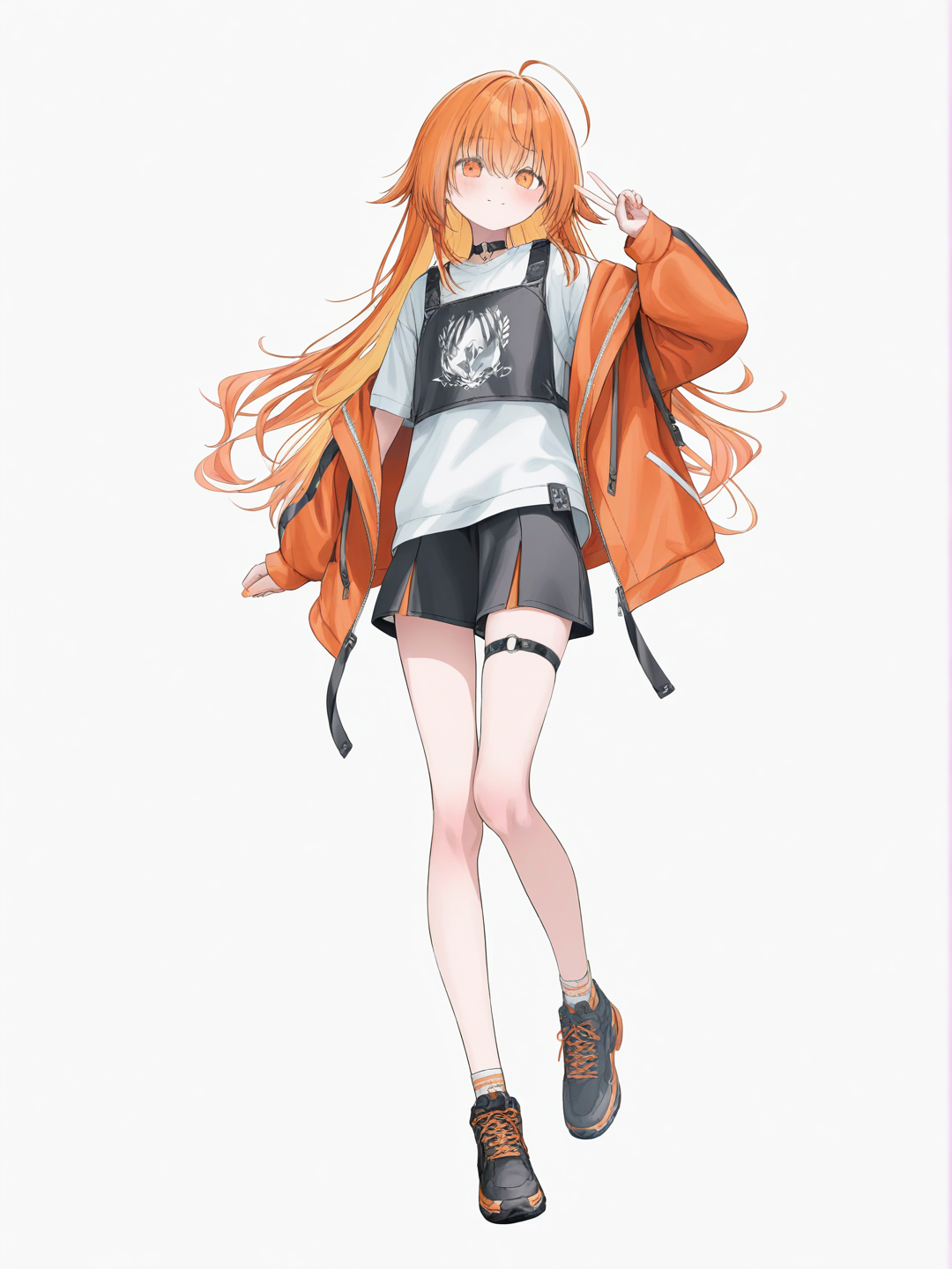 [soft-pastel-style] 1girl, y_sprunki, teenager, orange hair, orange eyes, single character, full body, looking at viewer, anime style, simple background, white background
