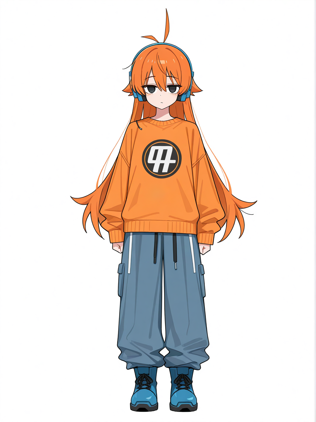 [toon-shaded-style] 1girl, orange_hair, very_long_hair, black_eyes, headphones, orange_sweater, baggy_pants, large_boots, blue_boots, orange_antenna, teenager, single character, full body, looking at viewer, anime style, simple background, white background