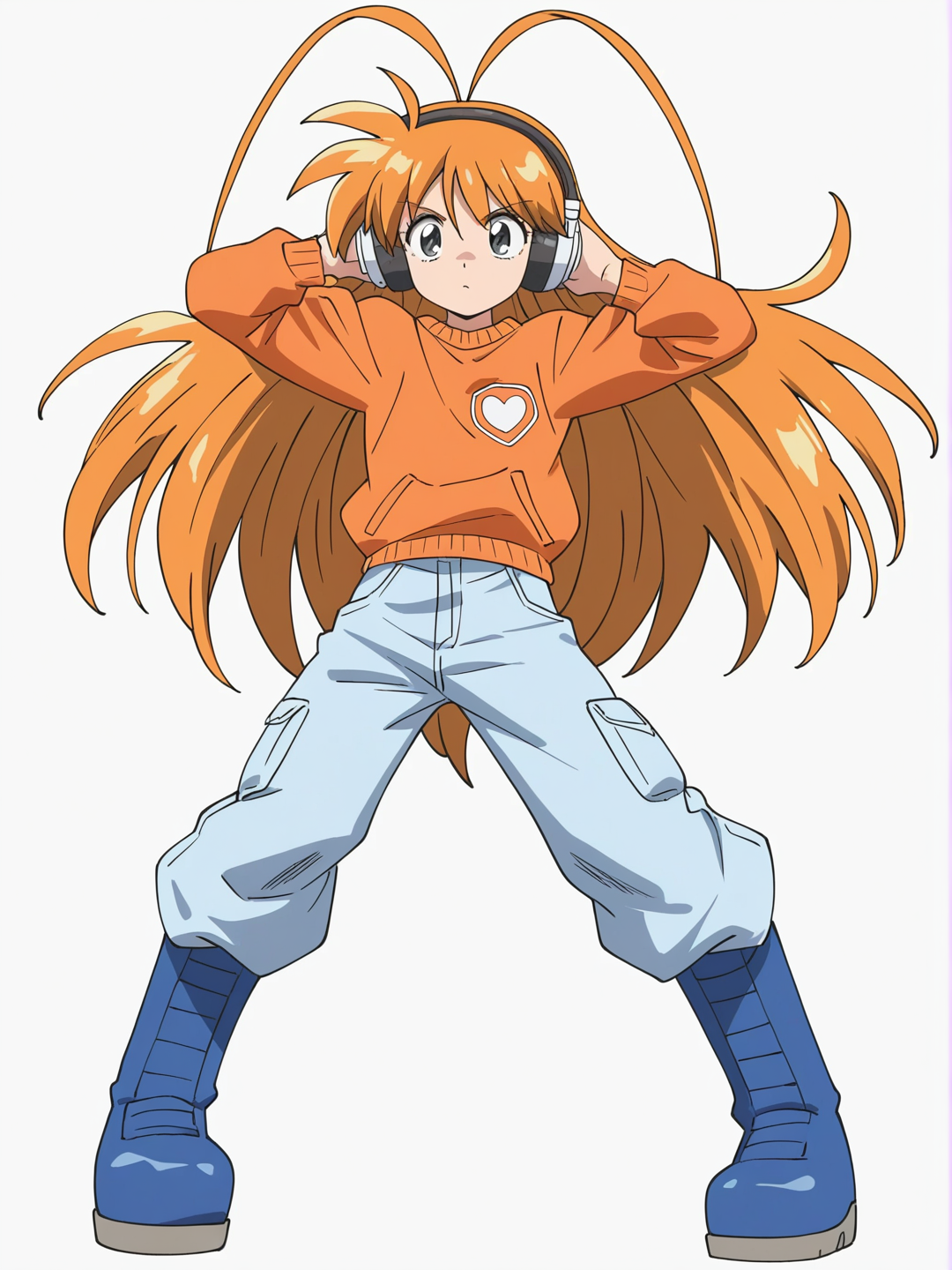 [bright-anime-style] 1girl, orange_hair, very_long_hair, black_eyes, headphones, orange_sweater, baggy_pants, large_boots, blue_boots, orange_antenna, teenager, single character, full body, looking at viewer, anime style, simple background, white background