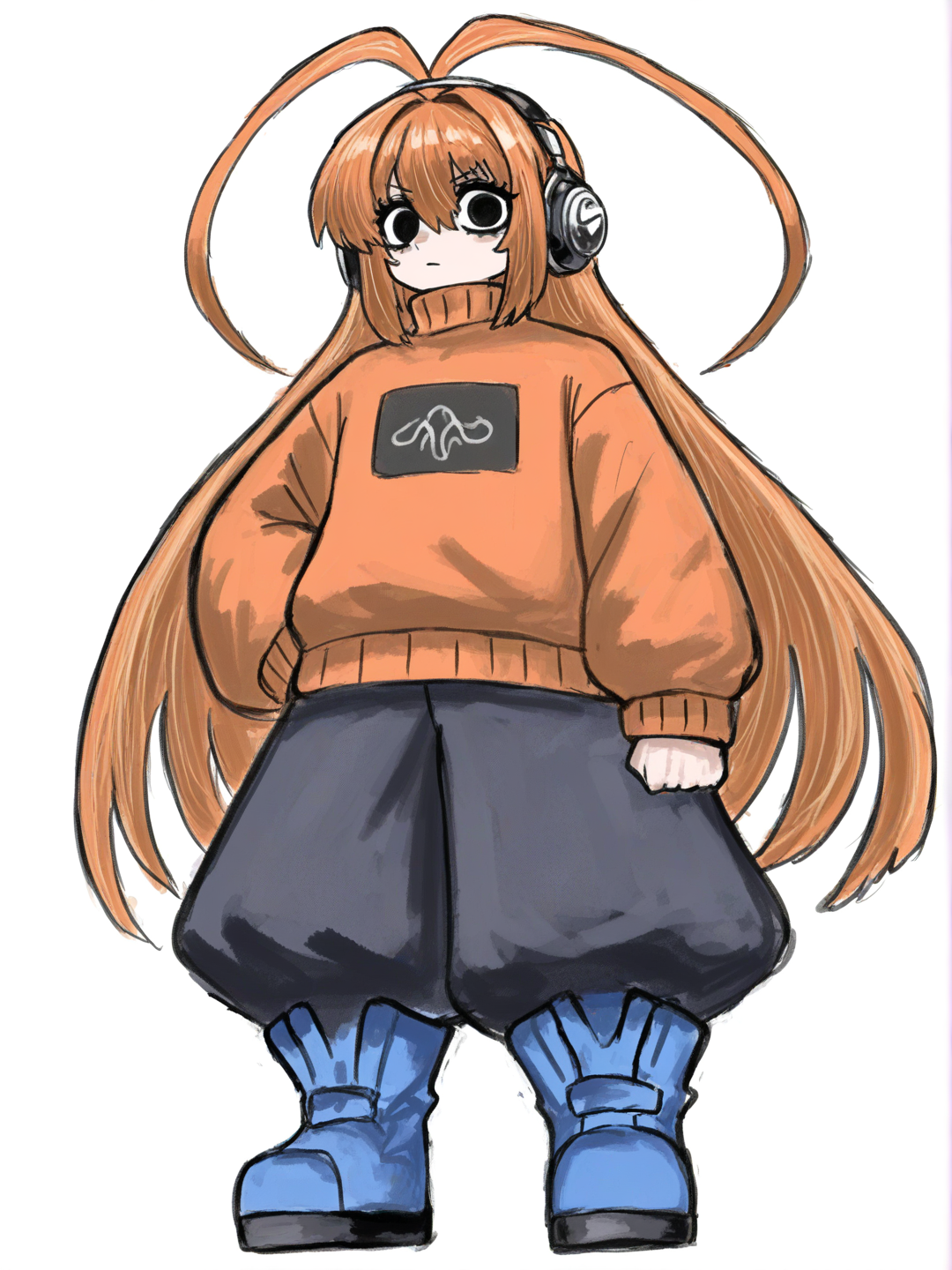 [sketchy-painterly-style] 1girl, orange_hair, very_long_hair, black_eyes, headphones, orange_sweater, baggy_pants, large_boots, blue_boots, orange_antenna, teenager, single character, full body, looking at viewer, anime style, simple background, white background