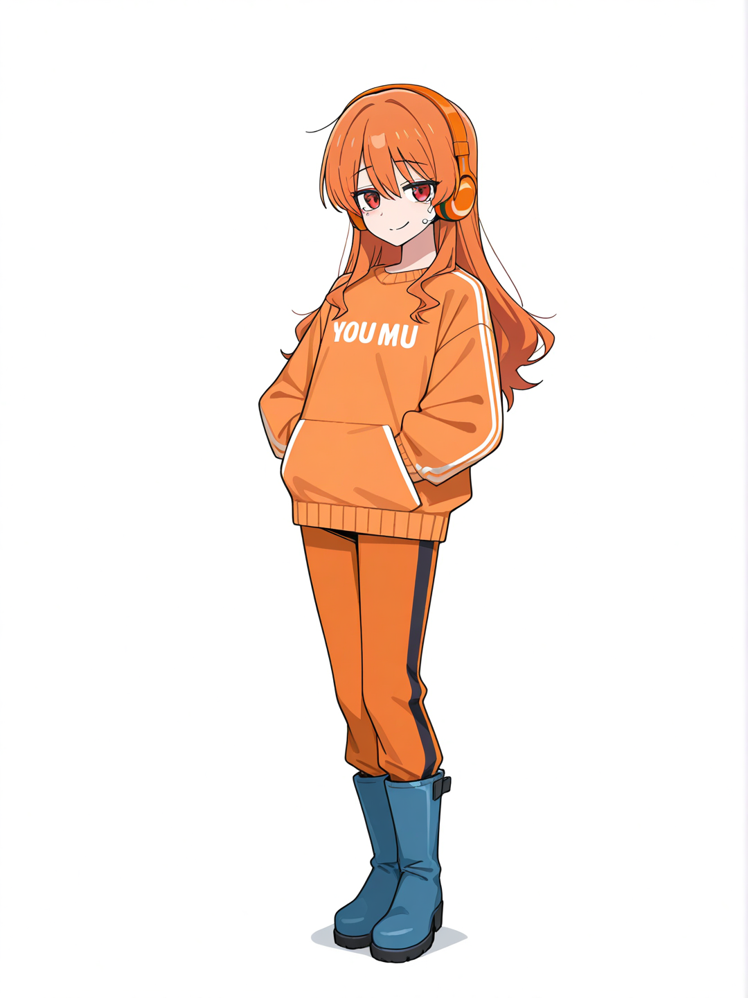 [toon-shaded-style] 1girl, orange_hair, long_hair, red_eyes, looking_up, tears, smile, sweater, dark orange pants, long boots, headphones, orange sweater, blue boots, orange headphones, single character, full body, looking at viewer, anime style, simple background, white background