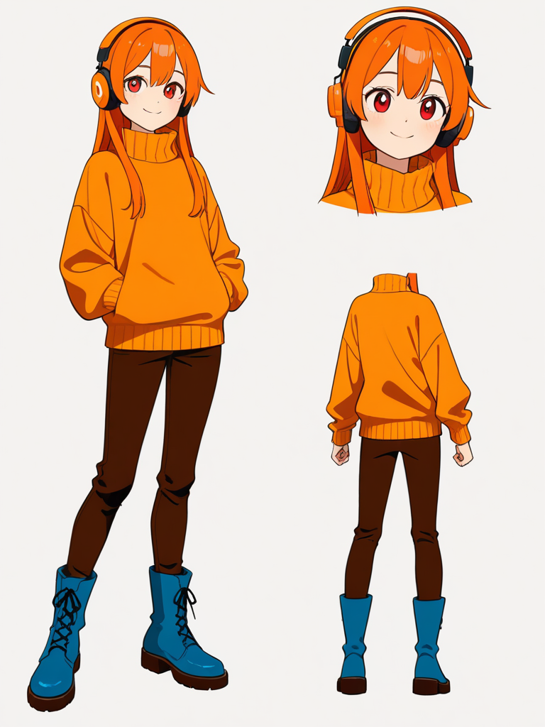 1girl, orange_hair, long_hair, red_eyes, looking_up, tears, smile, sweater, dark orange pants, long boots, headphones, orange sweater, blue boots, orange headphones, single character, full body, looking at viewer, anime style, simple background, white background