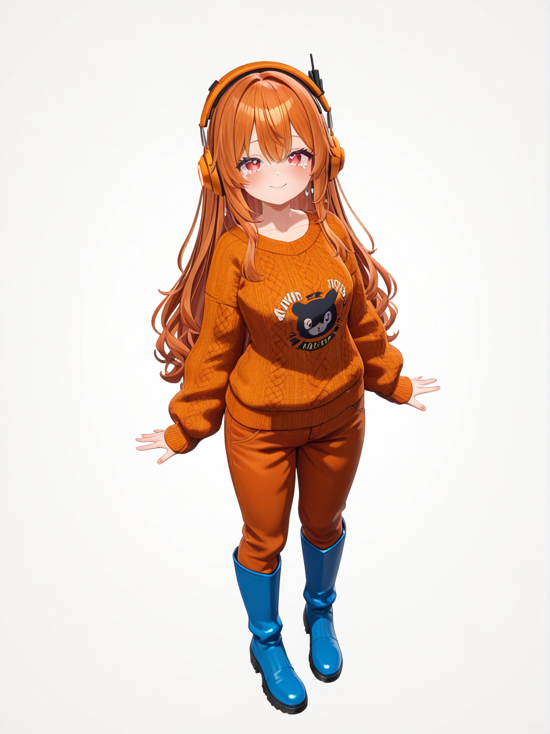 [3d-anime-style] 1girl, orange_hair, long_hair, red_eyes, looking_up, tears, smile, sweater, dark orange pants, long boots, headphones, orange sweater, blue boots, orange headphones, single character, full body, looking at viewer, anime style, simple background, white background