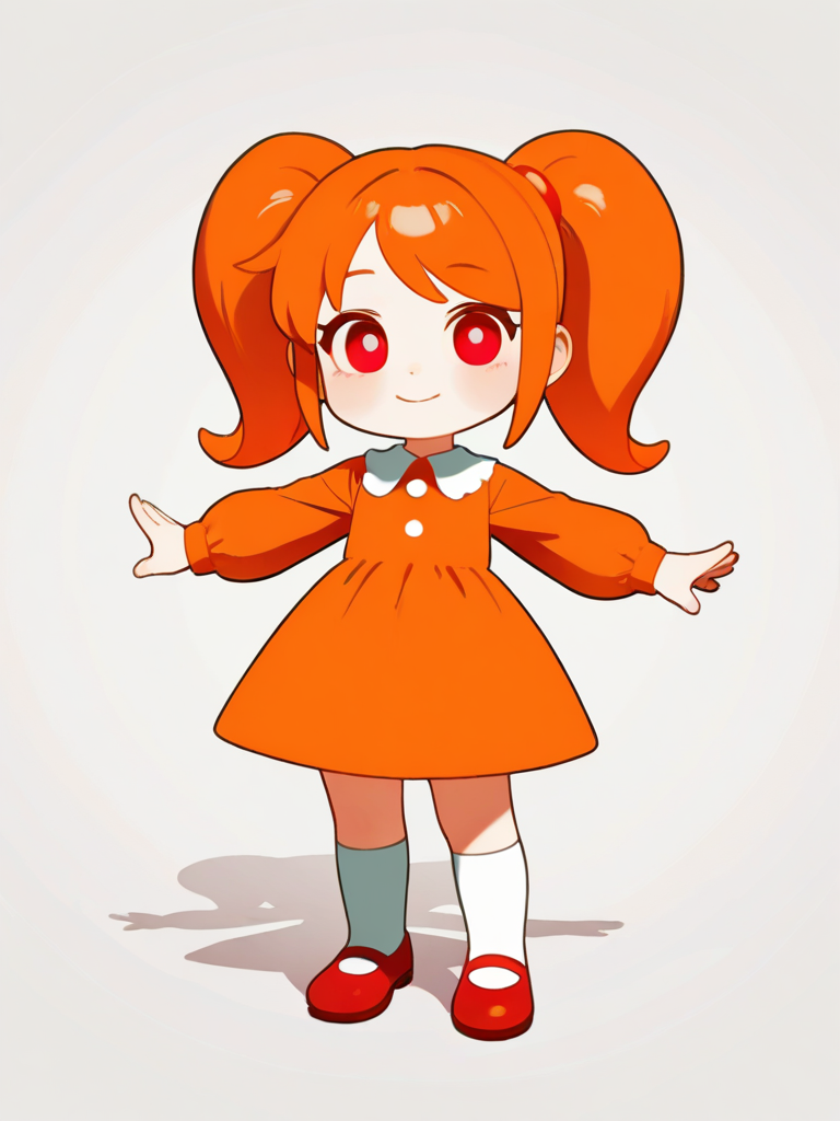 1girl, poppy_playtime, doll, cute, orange_hair, red_eyes, slitted_pupils, ballet_dress, orange_dress, single character, full body, looking at viewer, anime style, simple background, white background
