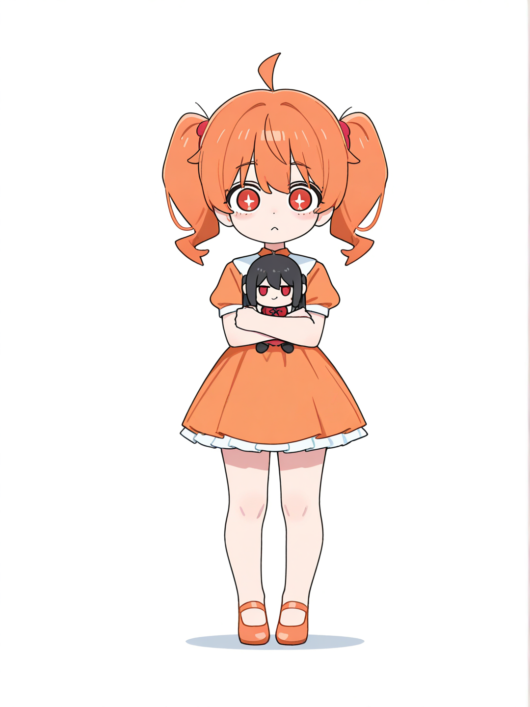 [toon-shaded-style] 1girl, poppy_playtime, doll, cute, orange_hair, red_eyes, slitted_pupils, ballet_dress, orange_dress, single character, full body, looking at viewer, anime style, simple background, white background